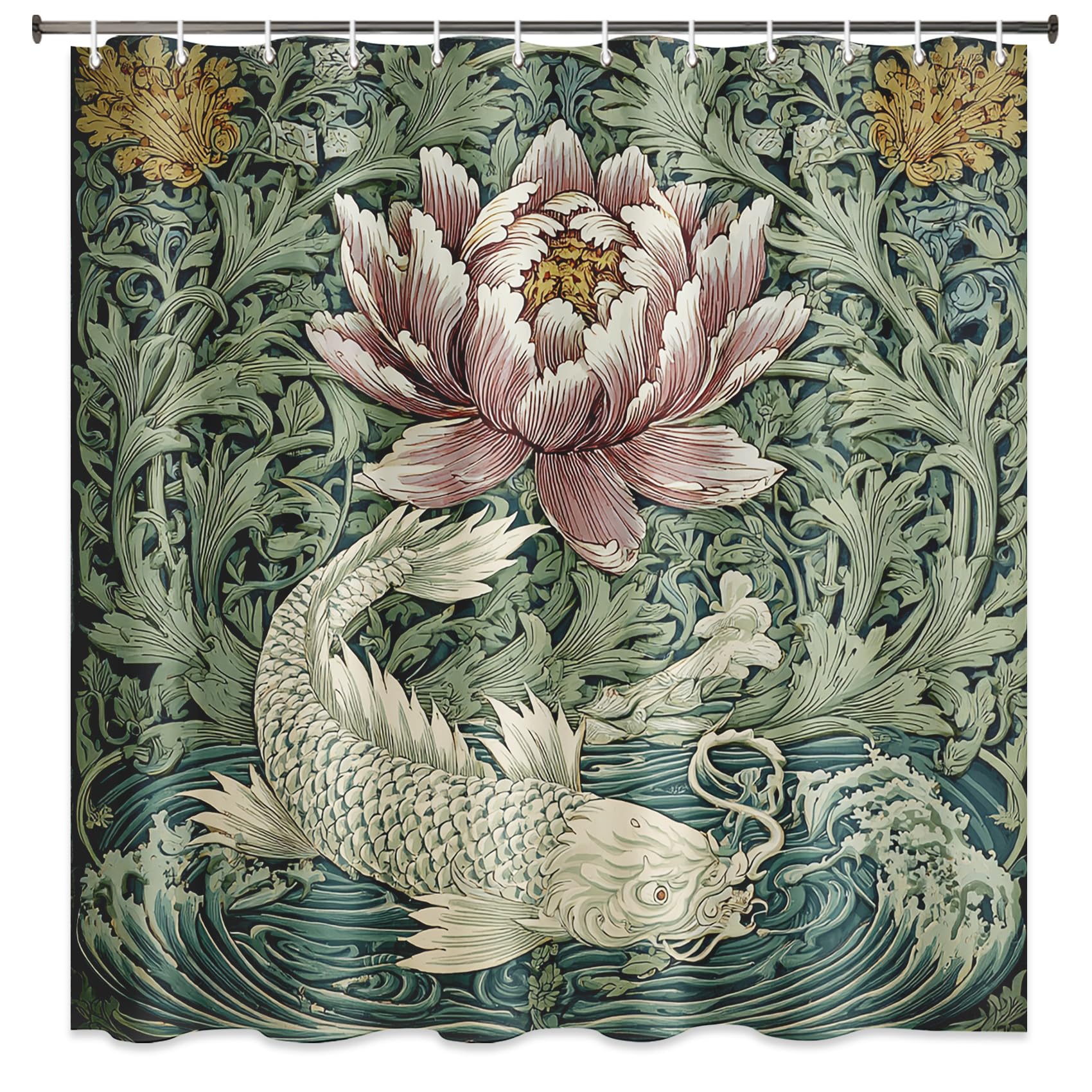 Générique Rideau de Douche Carpe Koï Japonaise 180x200cm | Rideau Douche Fleurs Plantes William Morris Tissu Polyester Hydrofuge Rideau Baignoire pour Salle de Bain avec Crochets