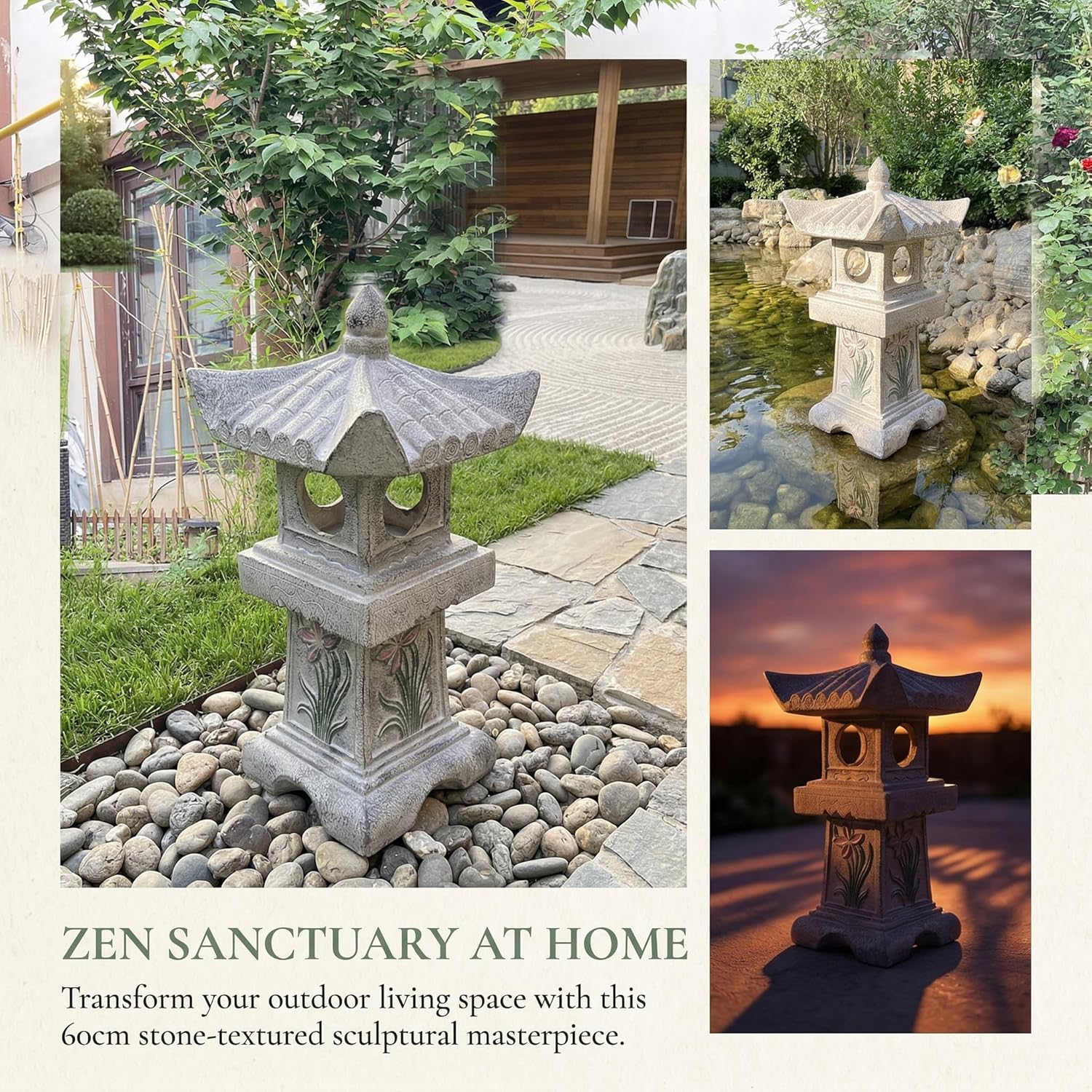 23.6’’High Asian Orchid Pagoda Statue Solar-Powered LED Light Miniature Tower Lantern Garden Decoration Figurines Solar Lamp Outdoor Japanese Decoration Zen Courtyard Landscape