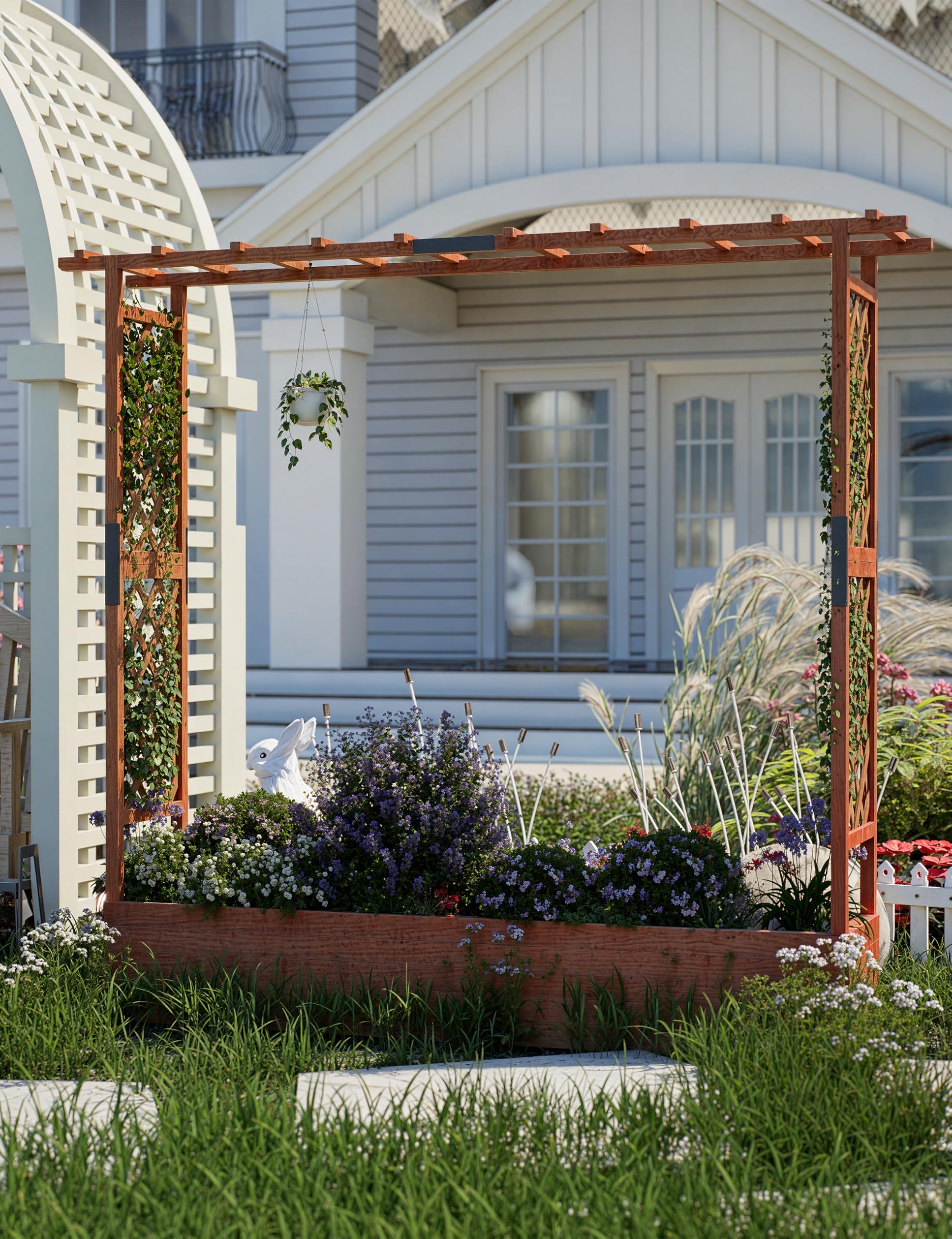 Großes Hochbeet aus Holz mit Rankgitter & Aufhängedach – Freistehender Pflanzkasten mit 2 Seitengittern, 4 Wasserabläufen – Für Kletterpflanzen, Gemüse & Blumen – Garten, Balkon, 196×44×182cm