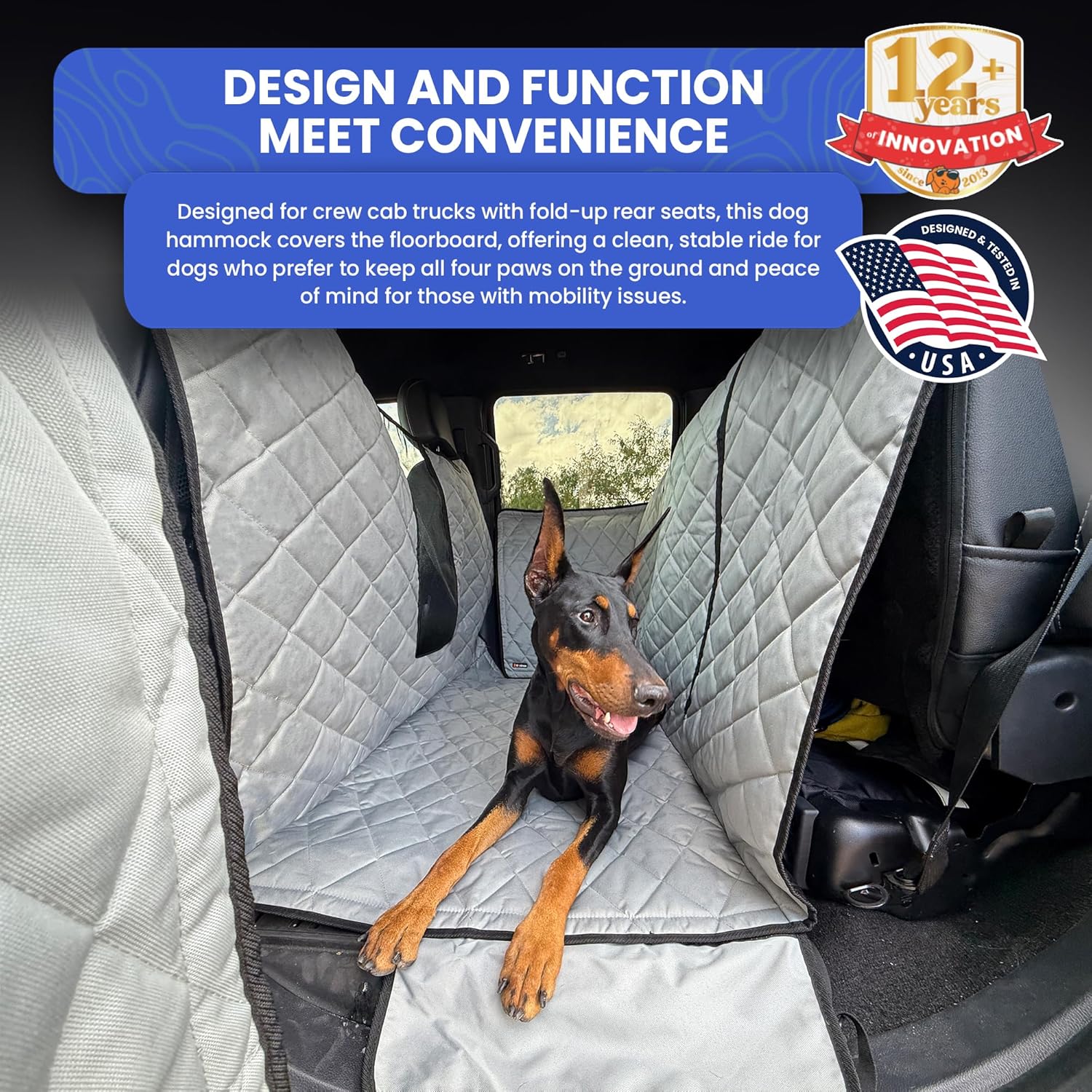 4Knines Dog Floor Hammock for Truck & Crew Cab with Fold Up Seats – Back Seat Pet Cover for Dogs – Compatible with Ram and Nissan Full Size Trucks (Driver Side Split, Grey)