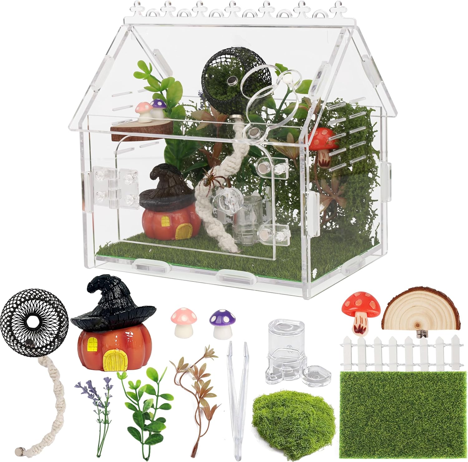 16Pcs Jumping Spider Enclosure Kit, 5.9"x3.9"x5.1" Arboreal Tarantula Habitat with Magnetic Lock & Decor, Acrylic Terrarium Complete Starter Kit for Small Spider, Praying Mantis, Reptile, Insect Cage