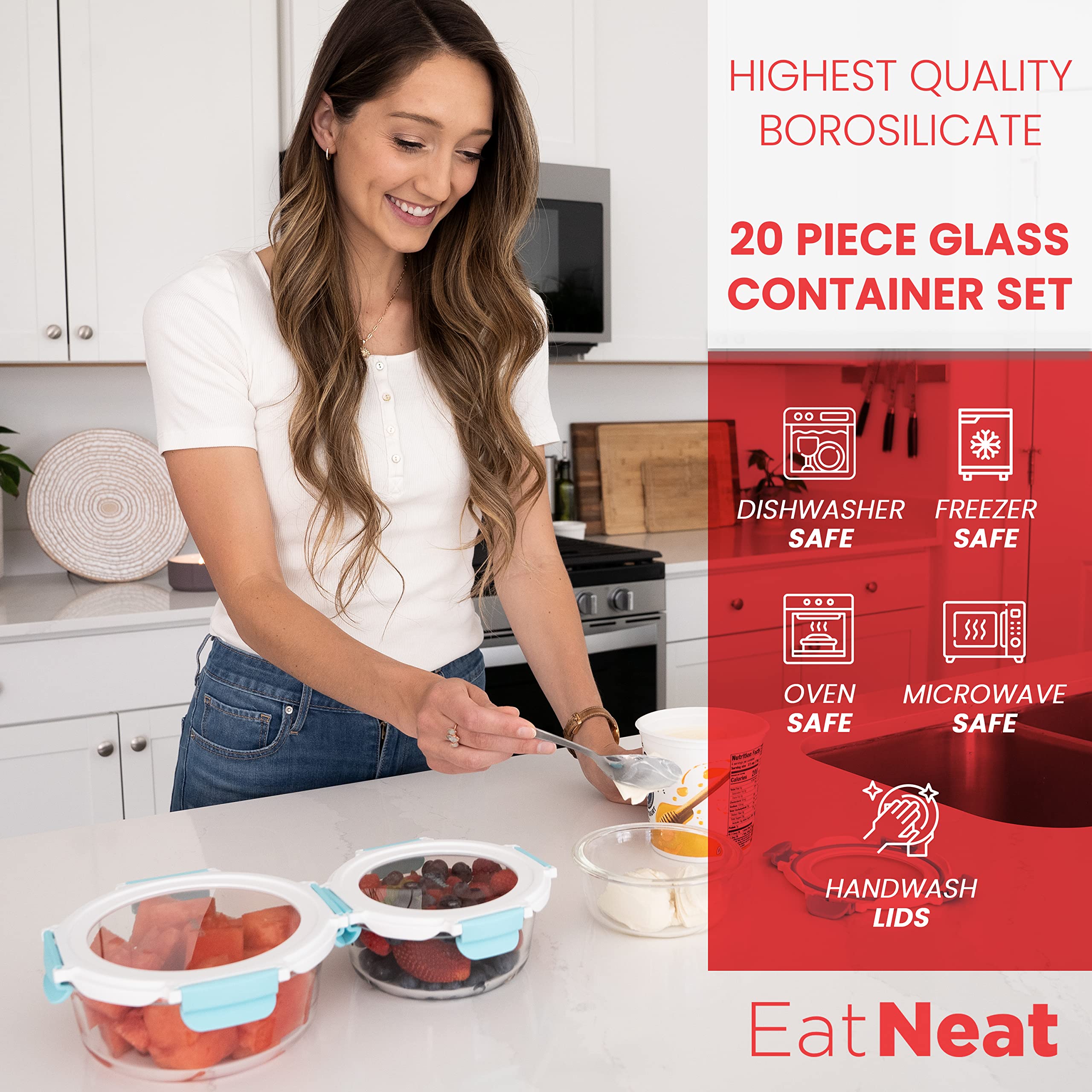 EatNeat Szklane pojemniki do przechowywania żywności z hermetycznymi pokrywkami zamykającymi, piekarnik do stołu do zamrażarki, pojemniki do przygotowywania posiłków, szklane pojemniki na lunch wielokrotnego użytku dla dorosłych, prezent ślubny