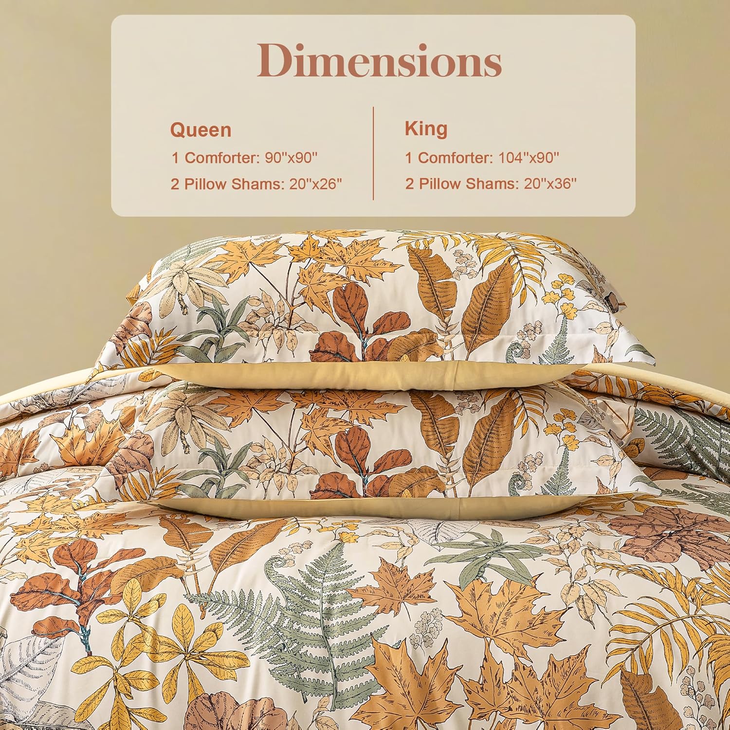 Queen Comforter Set - 3 Pieces Botanical Bedding Comforter Set, 1 Soft Orange Fall Plant Flowers Comforter (90"x90") and 2 Pillow Shams(20"x26") Ultra-Soft Comfort Suitable for All Seasons
