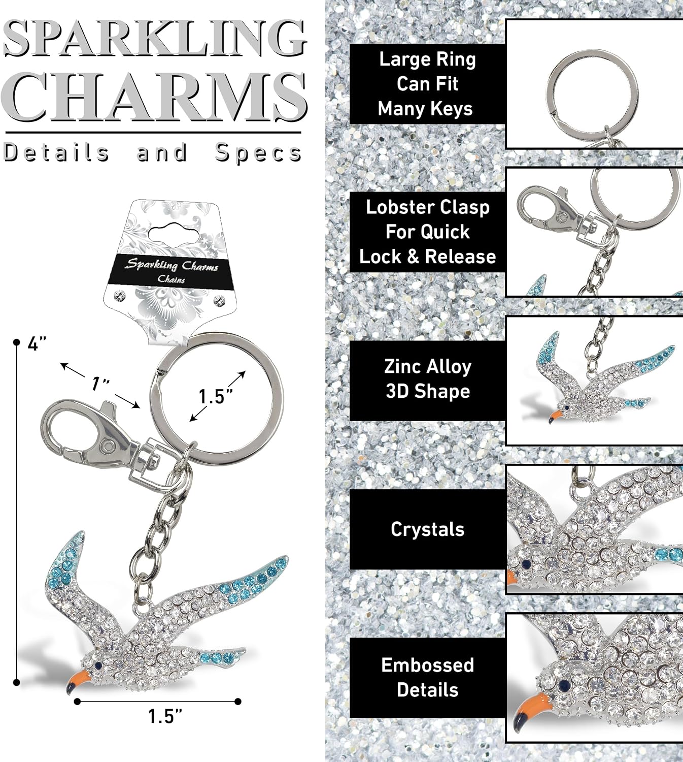 Keychain Set, 2 Piece Sparkling Charm Bundle, Angel and Seagull Rhinestone Keychains, Bag Accessories, Gifts, Purse Charms image 3