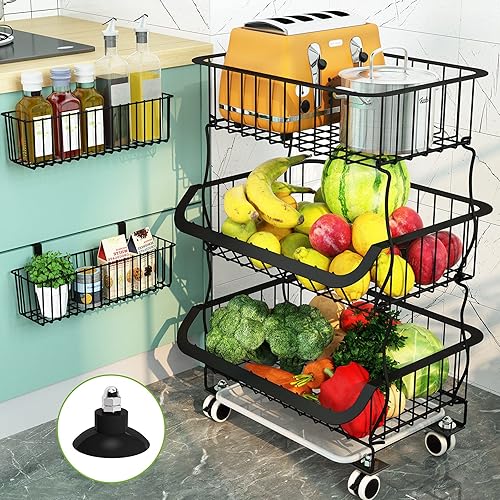 1Easylife - Cesta de frutas, carrito apilable de alambre de metal de 3 niveles con ruedas rodantes, estante utilitario para cocina, despensa,
