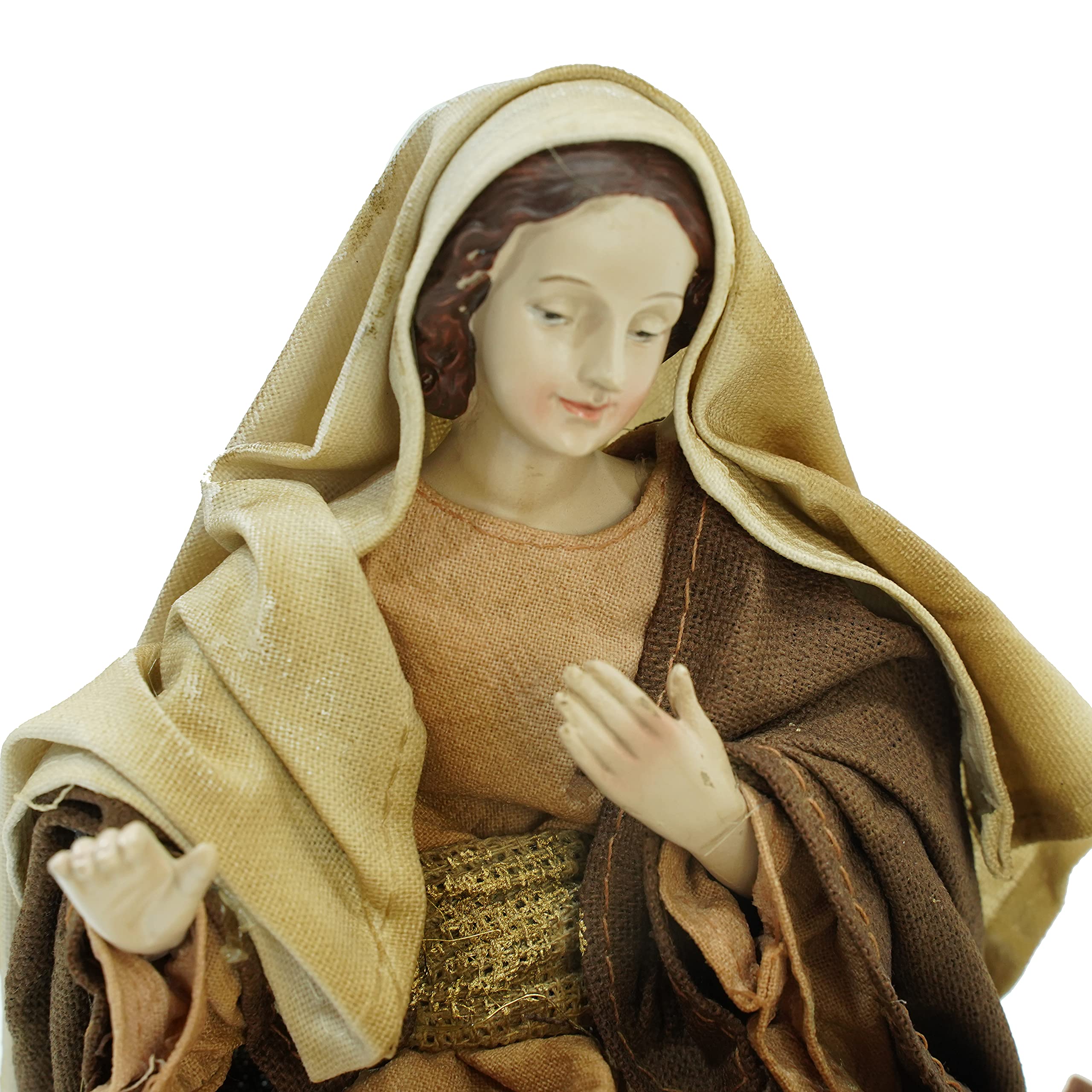 Natività In Resina 3 Soggetti – Statuine Della Sacra Famiglia Con Vesti In Stoffa, Colori Tenui, Altezza 20 Cm, In Scatola