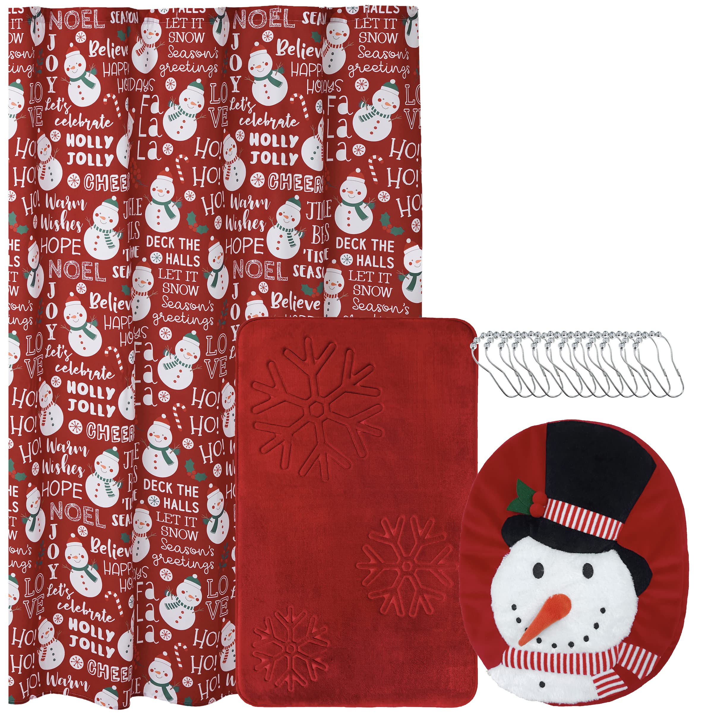 Indecor Home 15-Piece Christmas Holiday Bathroom Decoration Accessory Set | Bath Rug/Mat | Toilet Lid Topper | Shower Curtain | 12 Hooks | 5 Styles to Choose from (Believe)