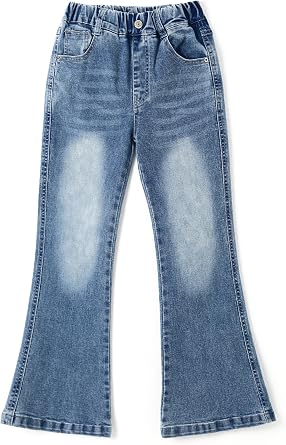 KIDSCOOL Girls Flare Jeans 18M-14T Bell Bottom Elastic Waist Denim Pants | Classic girls flare jeans featuring stylish bell bottom cuffs and sturdy pockets, ideal for her versatile daily outfit