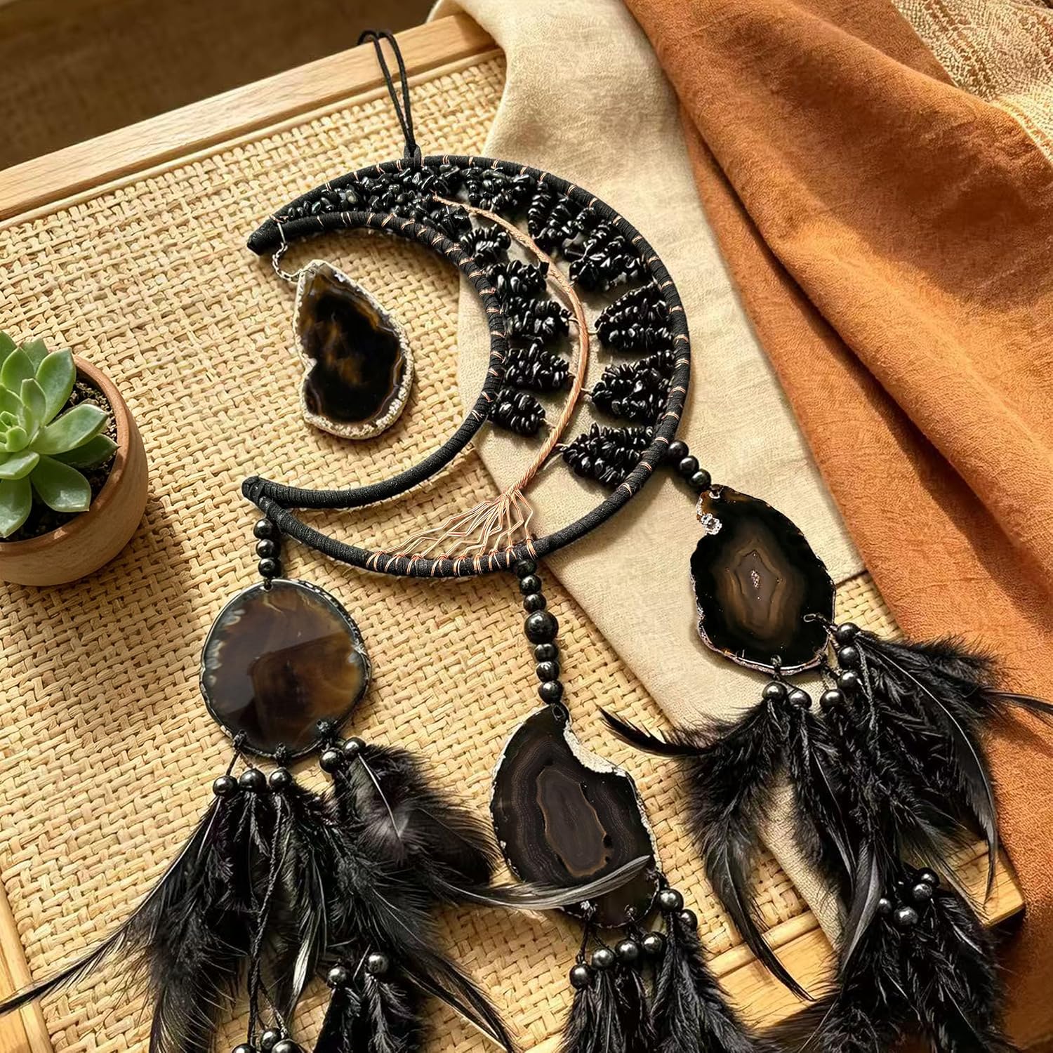 Large Dream Catcher,Dream Catcher with Black Agate,Dream Catchers for Adults,Moon Crystal Tree fo Life Wall Hangings Boho Room Decor (Black Natural Gem Agate)