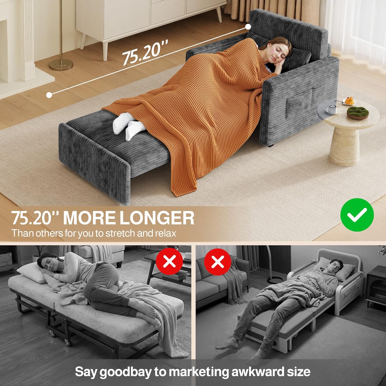 Ahomly 3 in 1 Pull Out Sleeper Chair, 75.2" Long Convertible Sofa Bed for Adults, Corduroy Armchair Chair Bed & Single Sleeper with Pillow for Dorm/Bedroom, Dark Grey