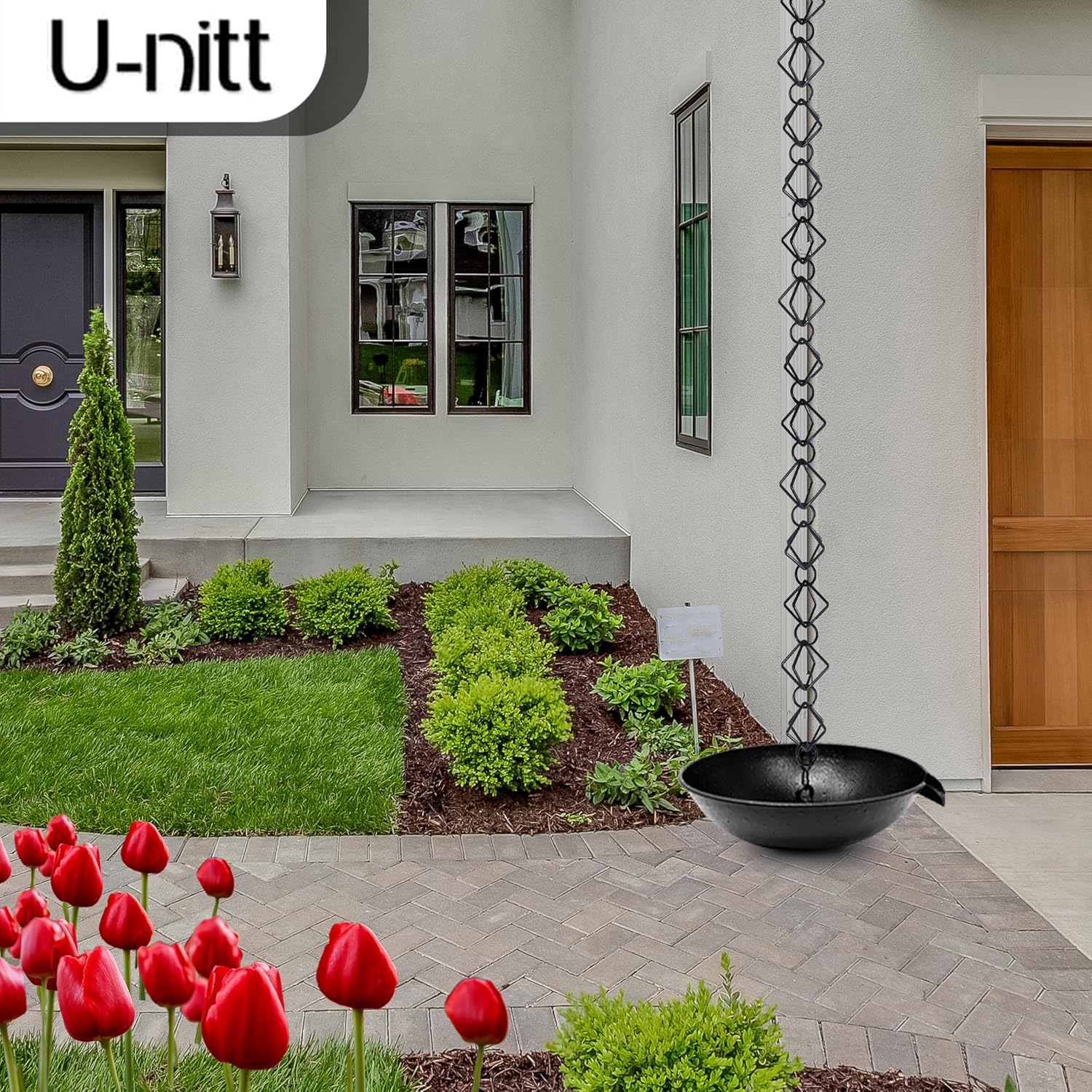 U-nitt 12" Spill Bowl Downspout Catch Basin for Rain Chain Anchoring & Stake | Rainwater Collection for Roof |Gutter Catch Basin | Good for Water Fountain & Birdbath | Black | Handles Heavy Rain