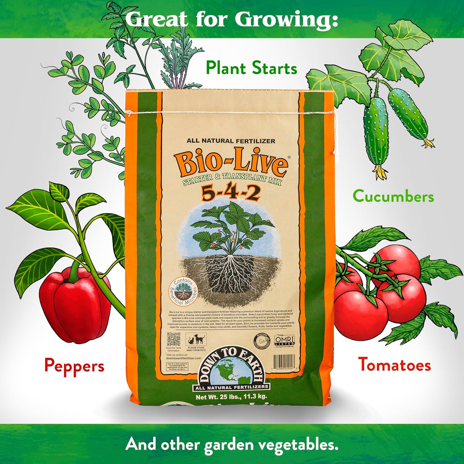 Down To Earth All Natural Fertilizers Organic Bio-Live Starter & Transplant Mix with Mycorrhizal Fungi and Benefical Microbes for Plant Food 5-4-2, 25 lb