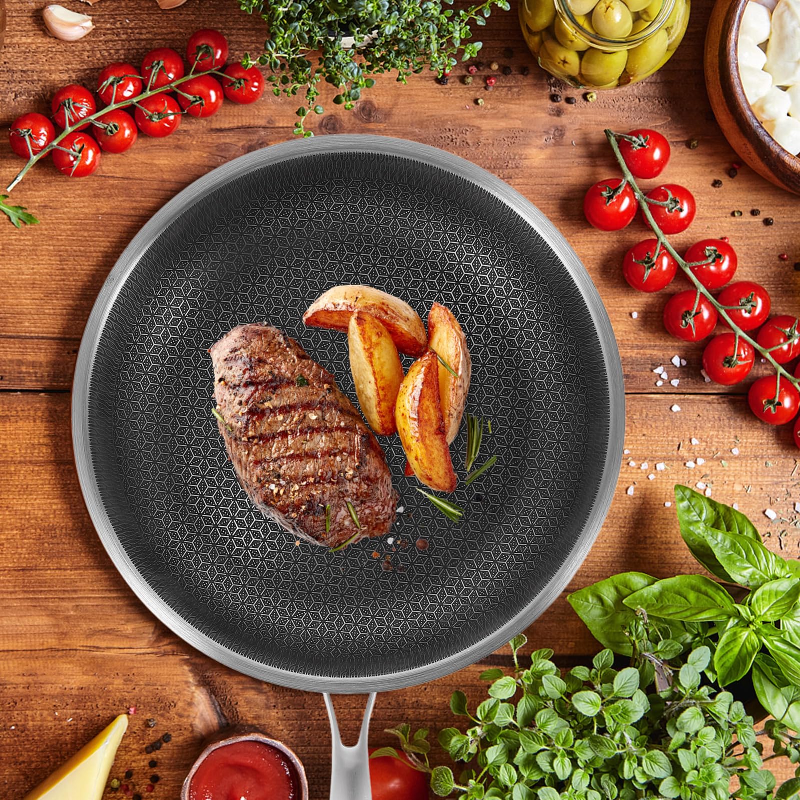 Wok Design Semplice e Lineare in Superficie a D'ape per Inossidabile e Antiaderente, Padella Portatile e Resistente Cucina Barbecue