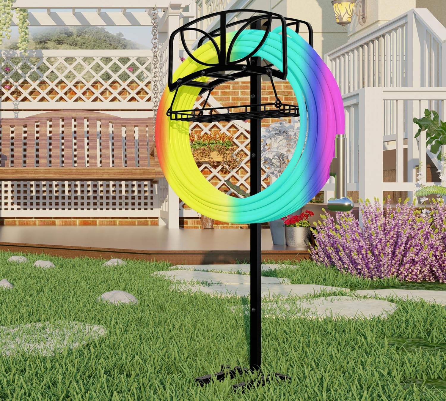 Fire Beauty Garden Hose Holder with Storage Basket,Heavy-Duty,80+ lb Capacity,Rust-Proof Stainless Steel,Organizes 150ft Hose for Patio&Yard,Leaf Design