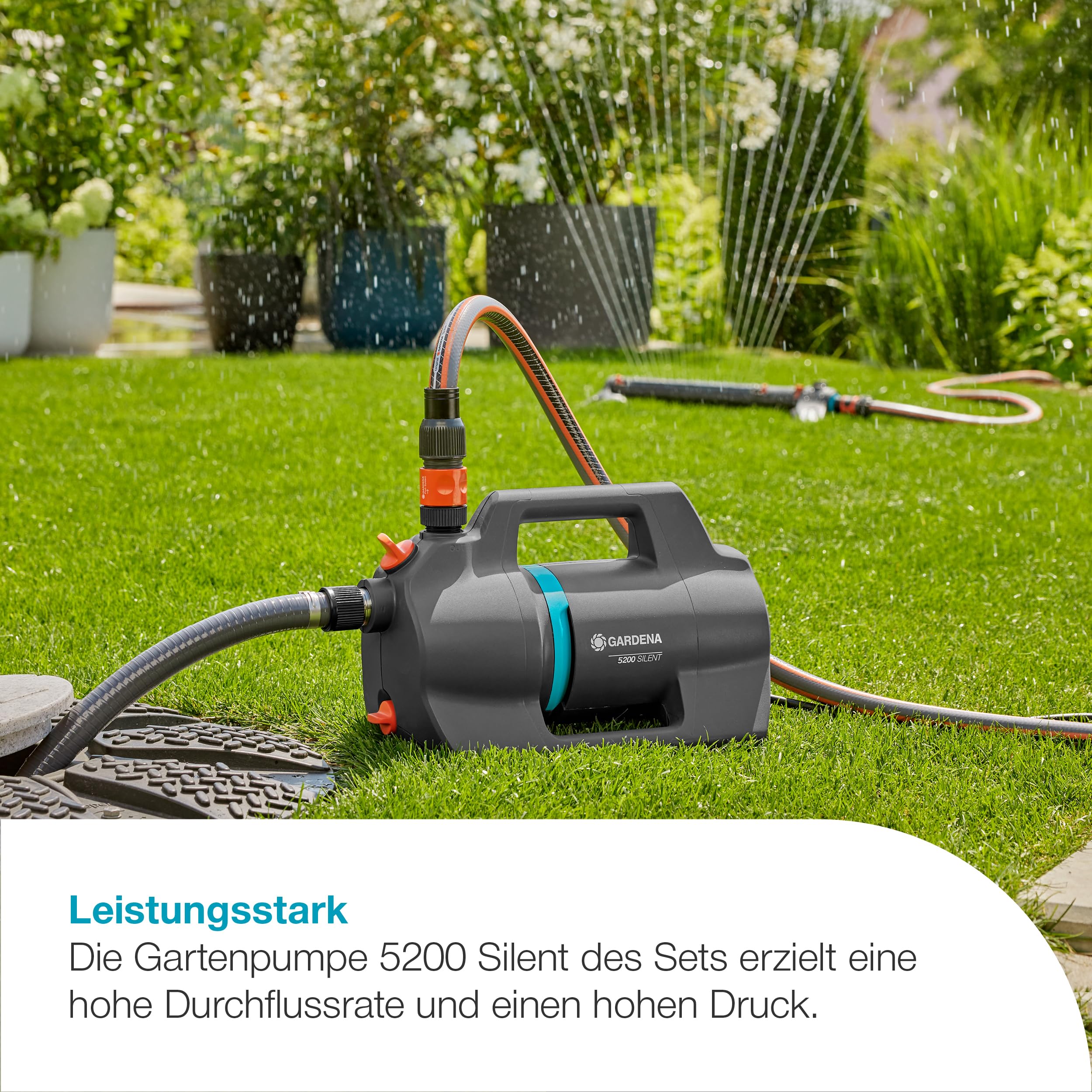 Gardena Gartenpumpe 5200 Silent Set Pumpen: 26% mehr Wasserdurchfluss bei gleichem Energieverbrauch im Vergleich zum Vorgänger-Modell*, Leise im Betrieb (09085-20)