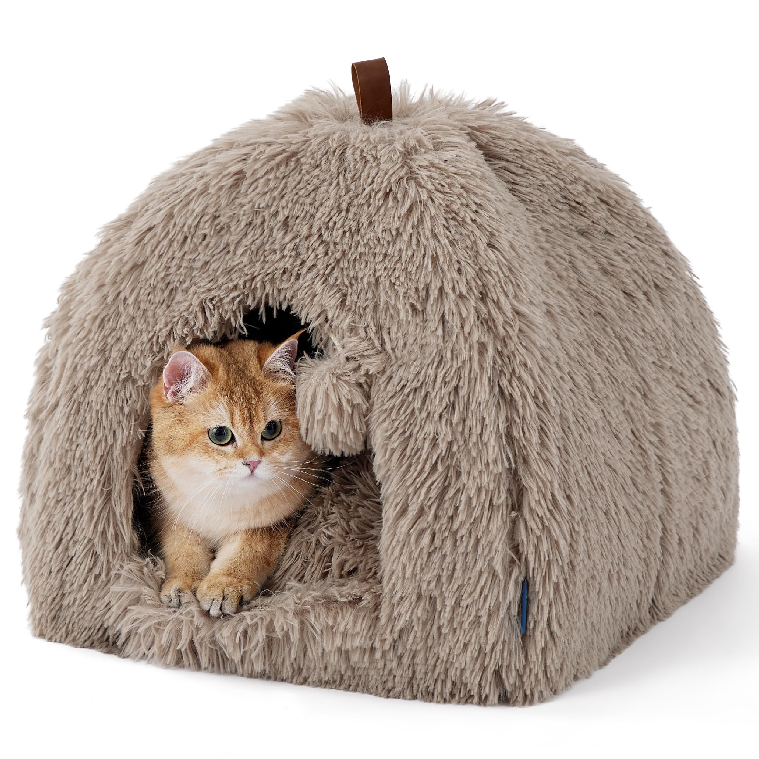 BEDSURE Katzenbett große Katzen Katzenhöhle- 40x40x40 cm Plüsch Katzenhaus Indoor mit abnehmbarem Katzenkissen und hängendem Spielzeug, Katzen Bettchen waschbar, Kamel