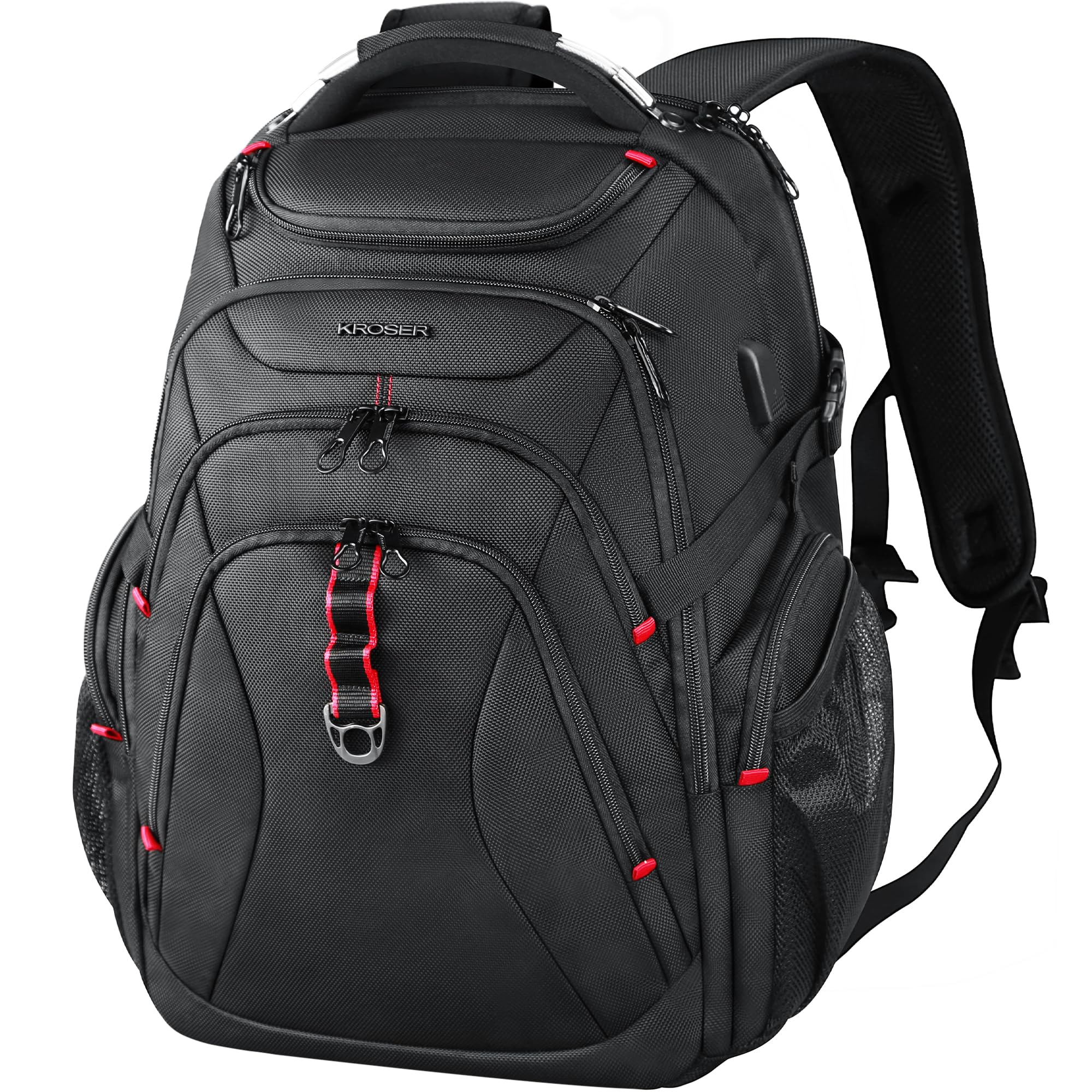 KROSER Plecak na laptopa 17,3", podróżny, XL, biznesowy, wodoszczelny, z twardą obudową, przyłączem do ładowania, torba RFID, dla mężczyzn/kobiet/na uczelnię, do szkoły, czarny, wielokrotnego użytku