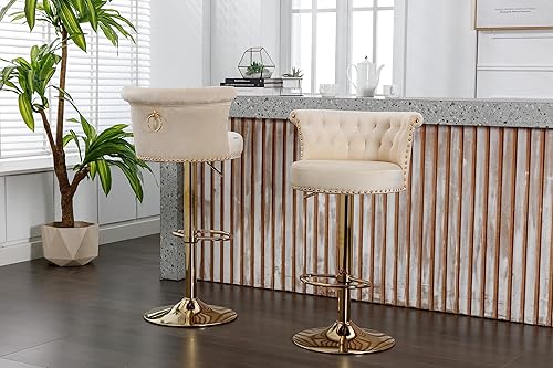 Miniatura 5 de Juego de 2 taburetes de bar giratorios modernos, taburetes de bar ajustables de color dorado con respaldo, sillas de bar tapizadas de terciopelo
