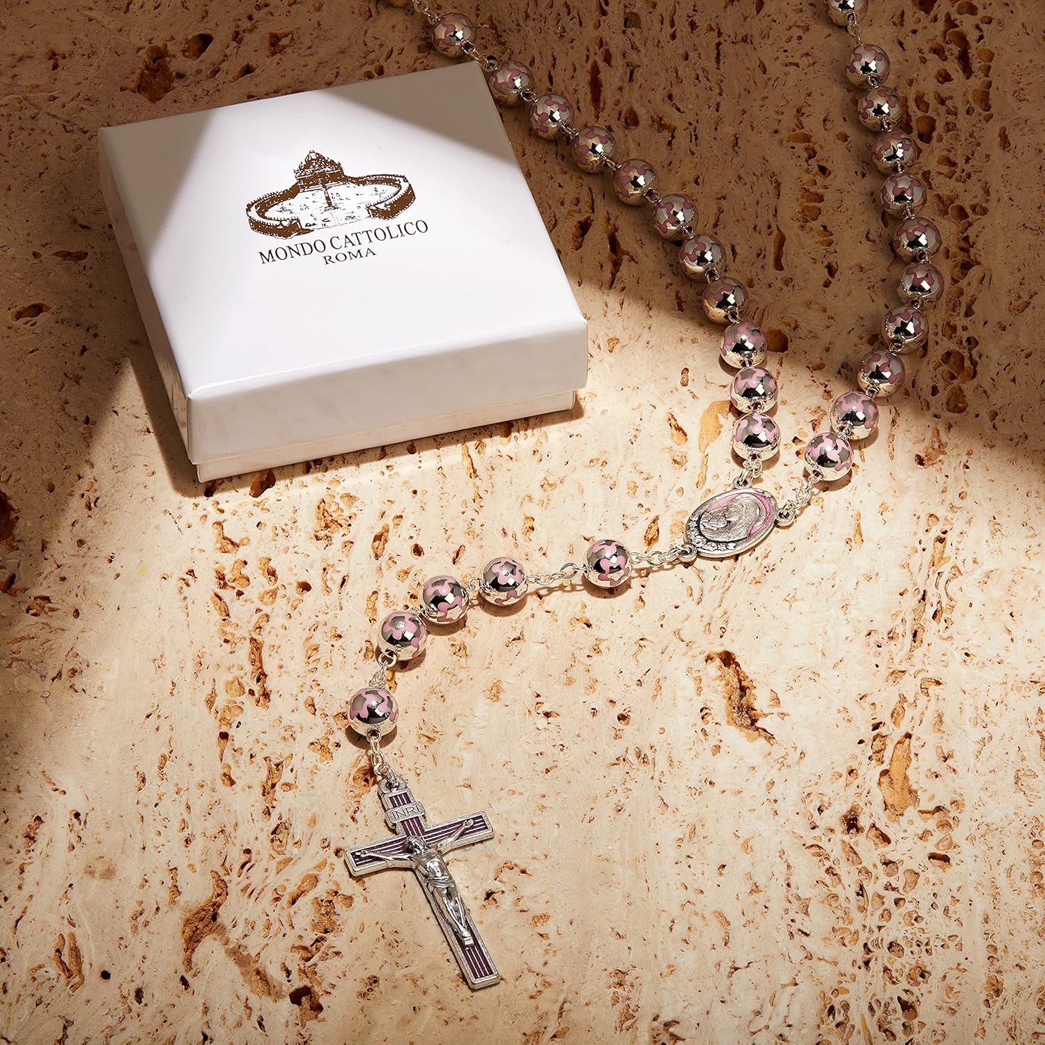 Rosary Beads catholic for Women and Men from Vatican Sacred Heart of Jesus Rosary in Silver Color Beads Decorated with Pink Flowers - Perfect Catholic gifts - Image 3