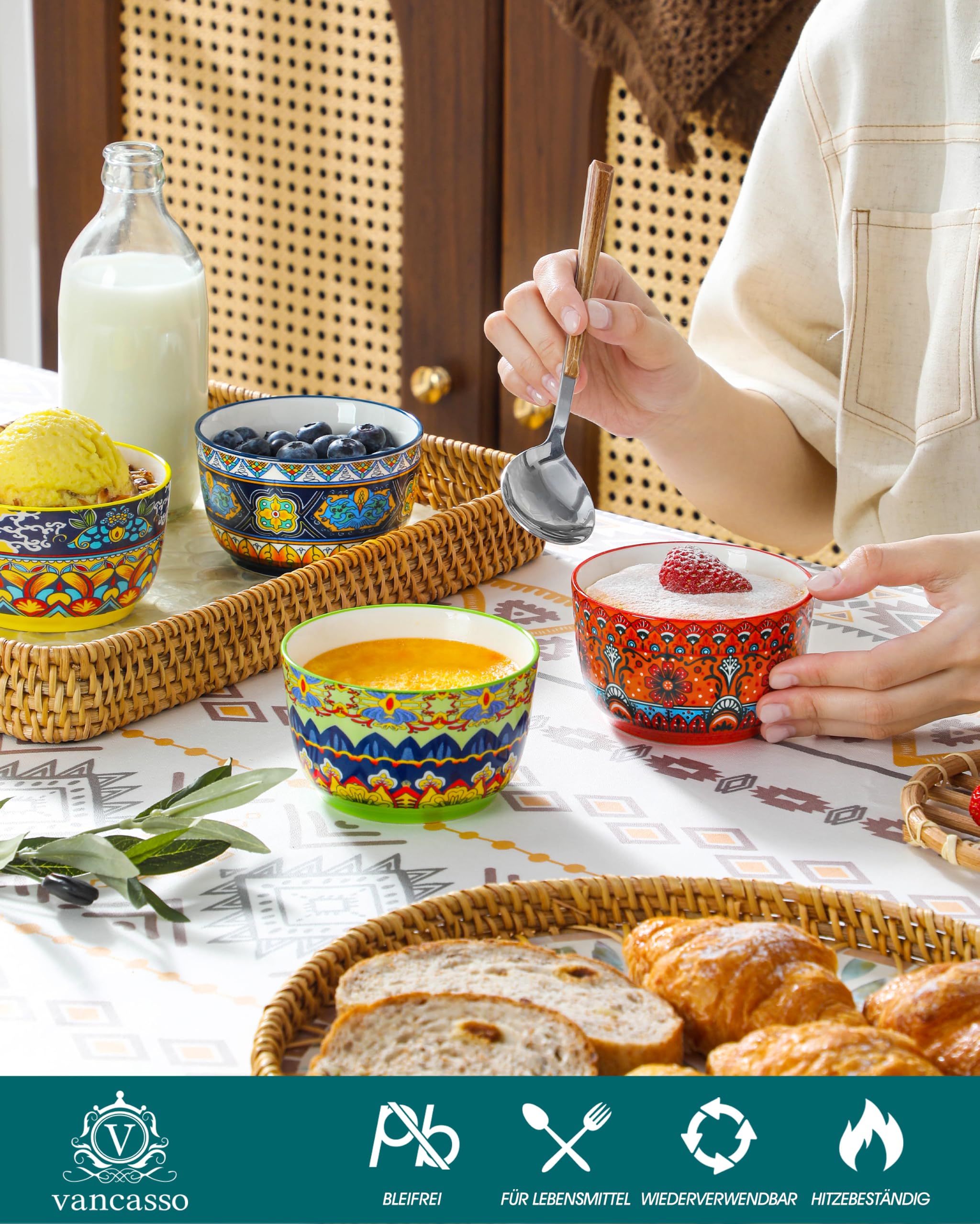vancasso Ramequins Lot, 6 X 240 ML Ramequins et Moules à Soufflés en Porcelaine, Ramequin Creme Brulee pour Muffin et Gâteau, Ramequin Four à Crème, Sauce, Fruit, Ø8 CM - Style Bohème