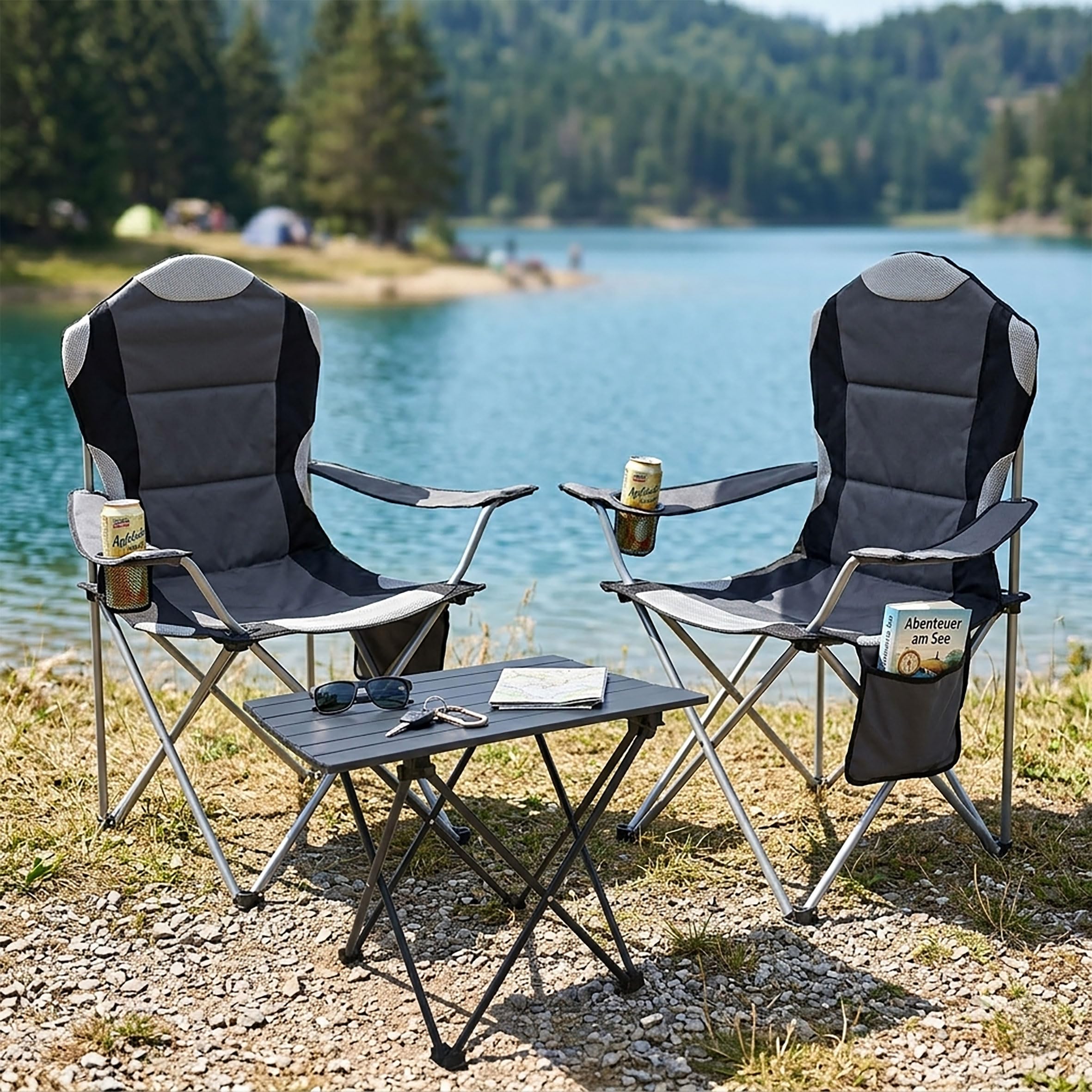 Spetebo Salon de camping 3 pièces avec table pliante en aluminium et sac de transport - Anthracite - Ensemble de table de jardin avec 2 chaises de camping jusqu'à 150 kg - Chaise de pêche d'extérieur