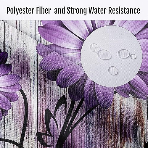 Miniatura 3 de Juego de cortinas de ducha de 4 piezas, madera desgastada de margaritas moradas con alfombras antideslizantes, cubierta para tapa de inodoro y