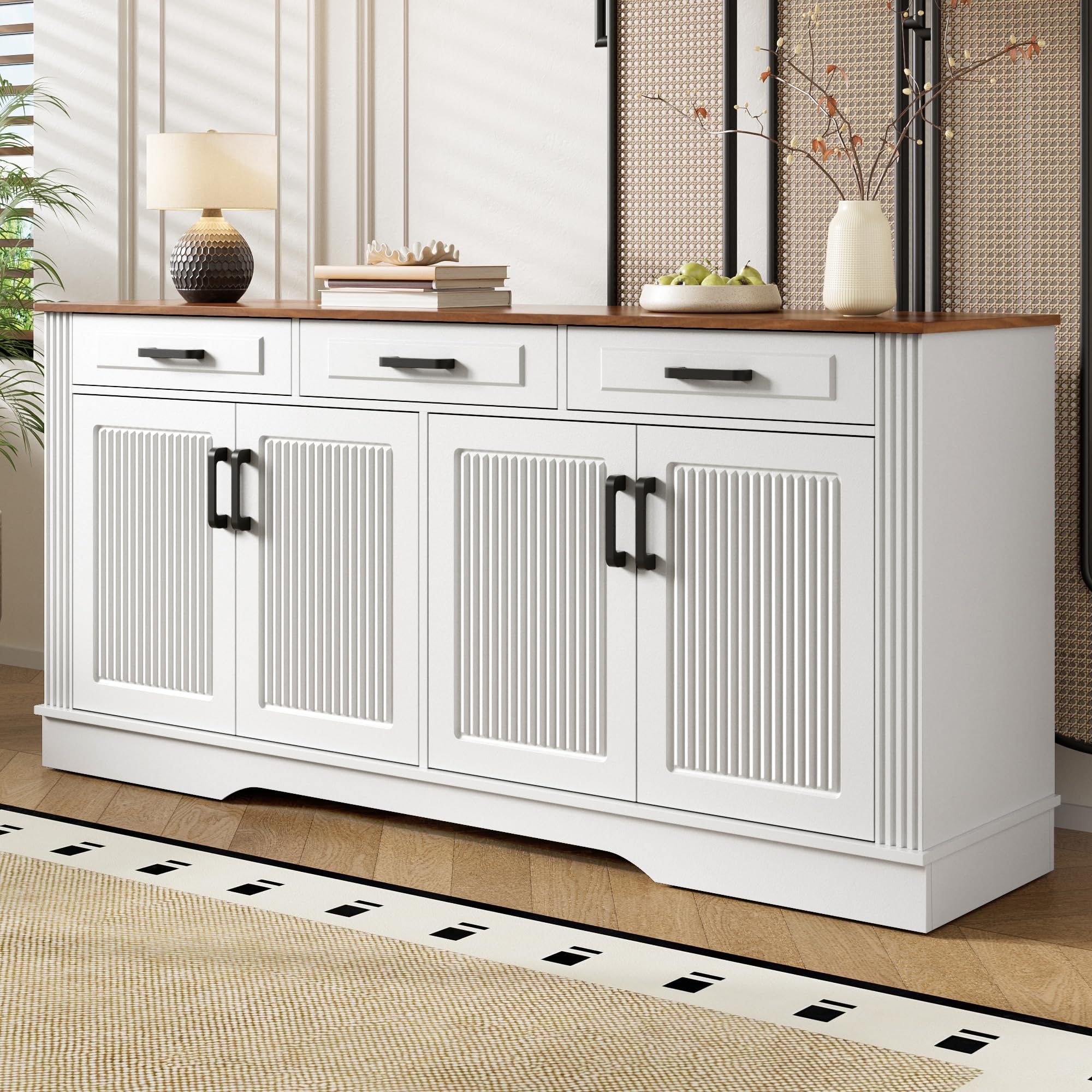 Sideboard Buffetschrank mit 4 Türen, 160 cm Küchenschrank Kommode mit 3 Schubladen, Moderne Stauraum Kücheninsel mit Regal, Aufbewahrungsschrank für Wohnzimmer, Esszimmer, Weiß, 160x40x75cm