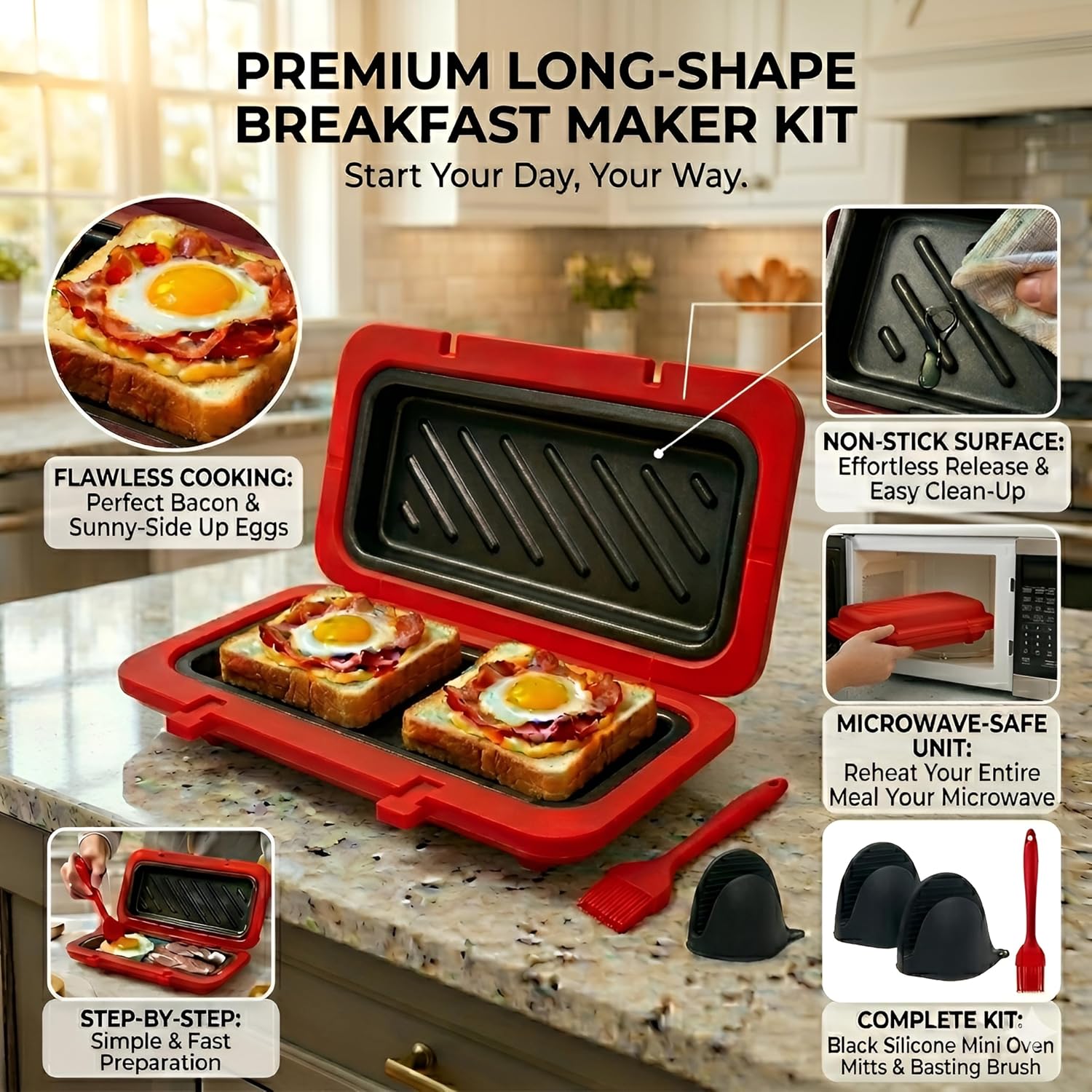 Sandwich Maker，Non-Stick Microwave Grilled Cheese Maker，Heat-Resistant Silicone Cover, Rectangular Deep Dish ，Includes Oven Mitts & Basting Brush