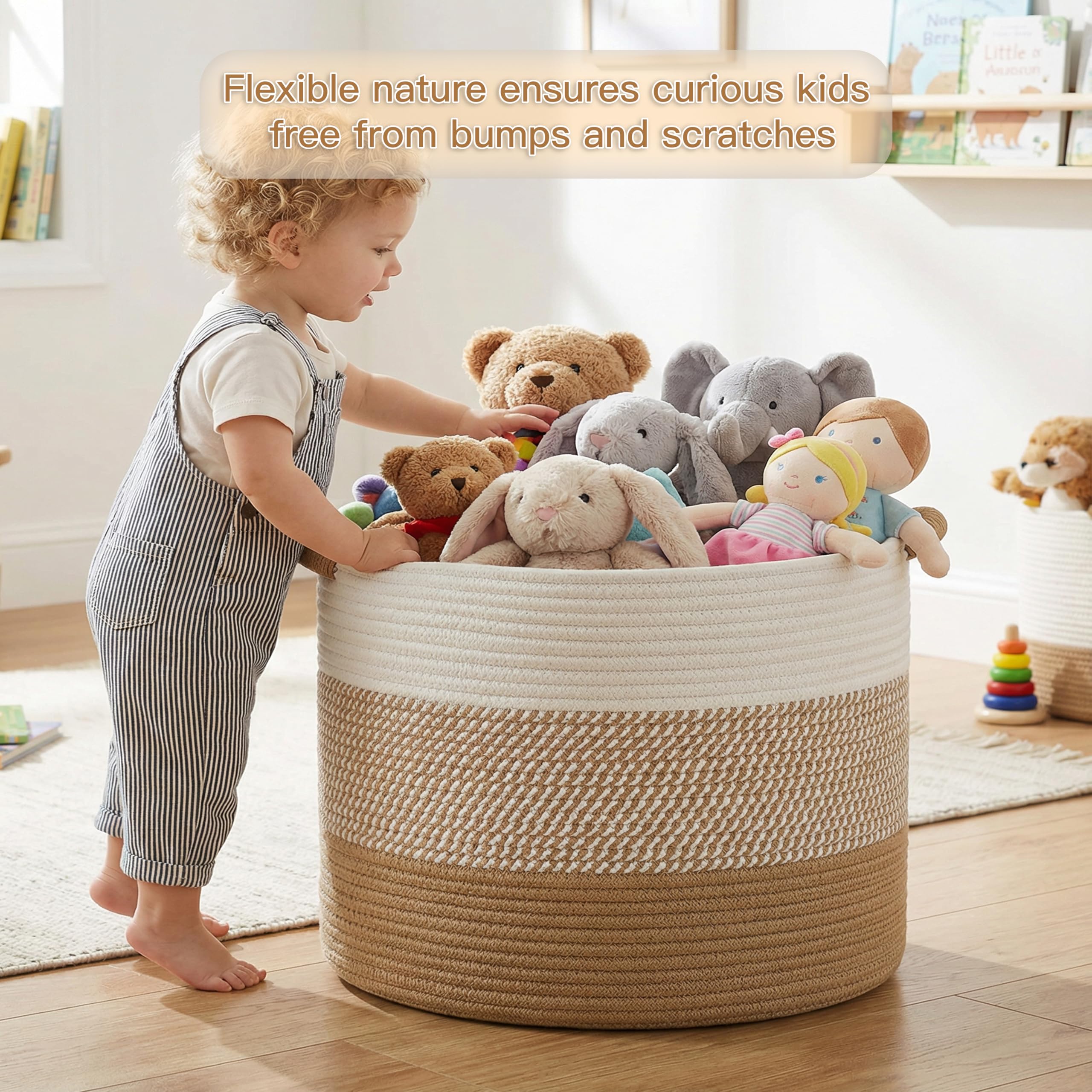 Artfeel Cesta grande de cuerda de algodón de 70 L decorativa, almacenamiento de fieltro tejido para sala de estar, almacenamiento de juguetes boho y caja de juguetes para niños, cesta de lavandería