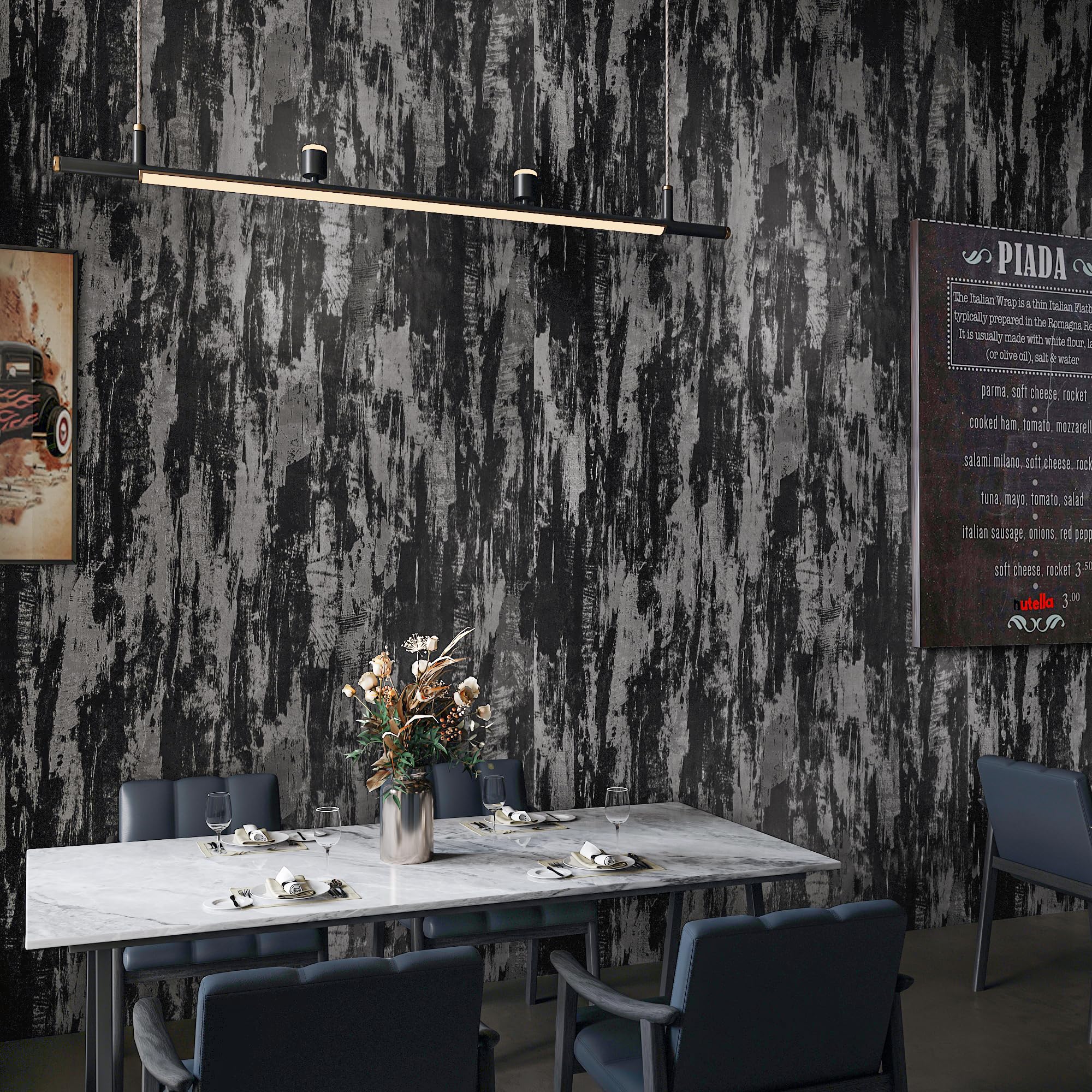 BOMENG Black Concrete Peel and Stick Industrial Wallpaper 15.7"x118" Cement Contact Paper with Air Guide Slot Design Glossy Industrial Wall Paper for Bathroom,Living Room, bar, Hotel, Coffee Shop
