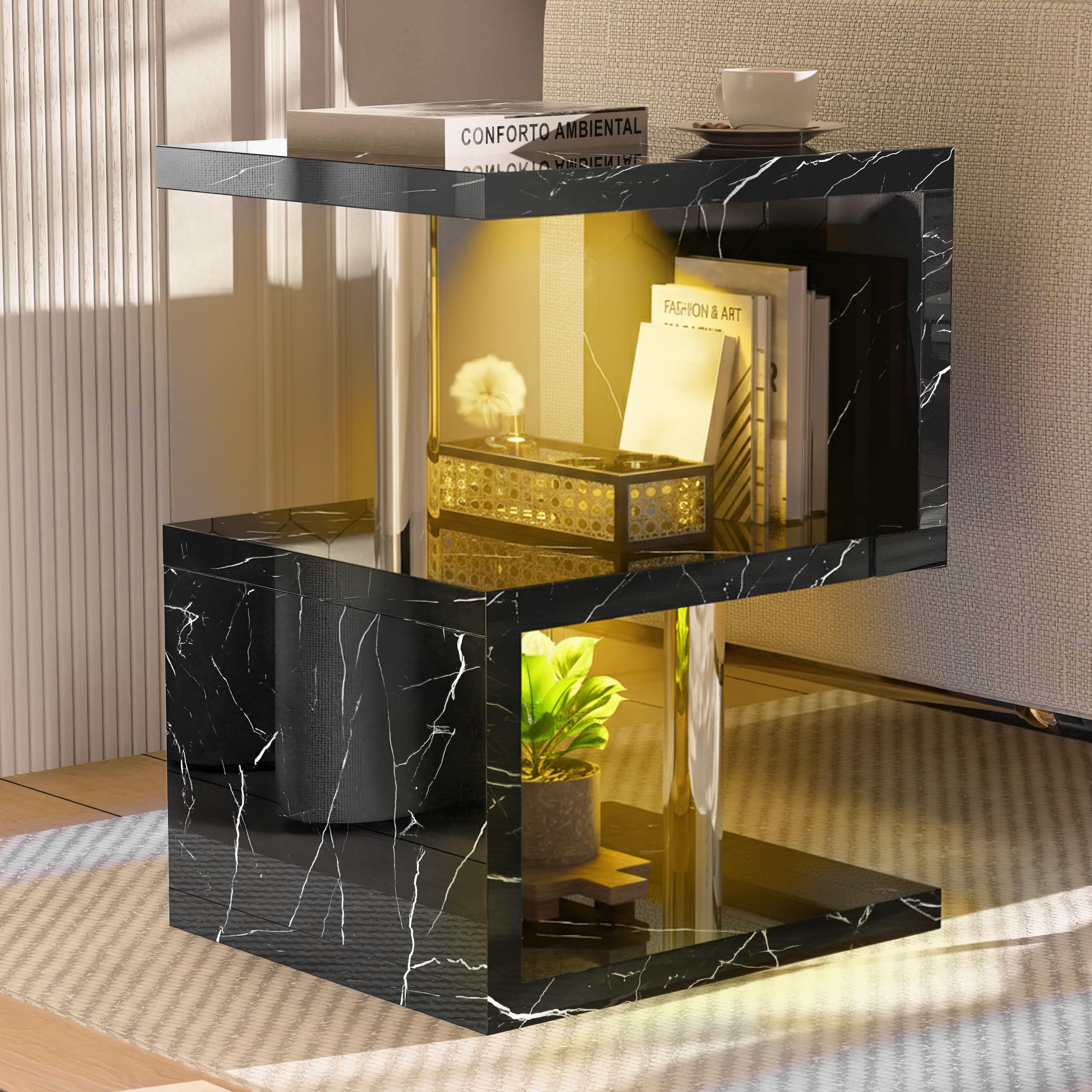 Blisswood High Gloss Small Side Table, S-Shaped Sofa Side Table with Storage Shelves & RGB LED Lights, Modern End Table for Living Room, Bedroom or Small Spaces, Black Marble