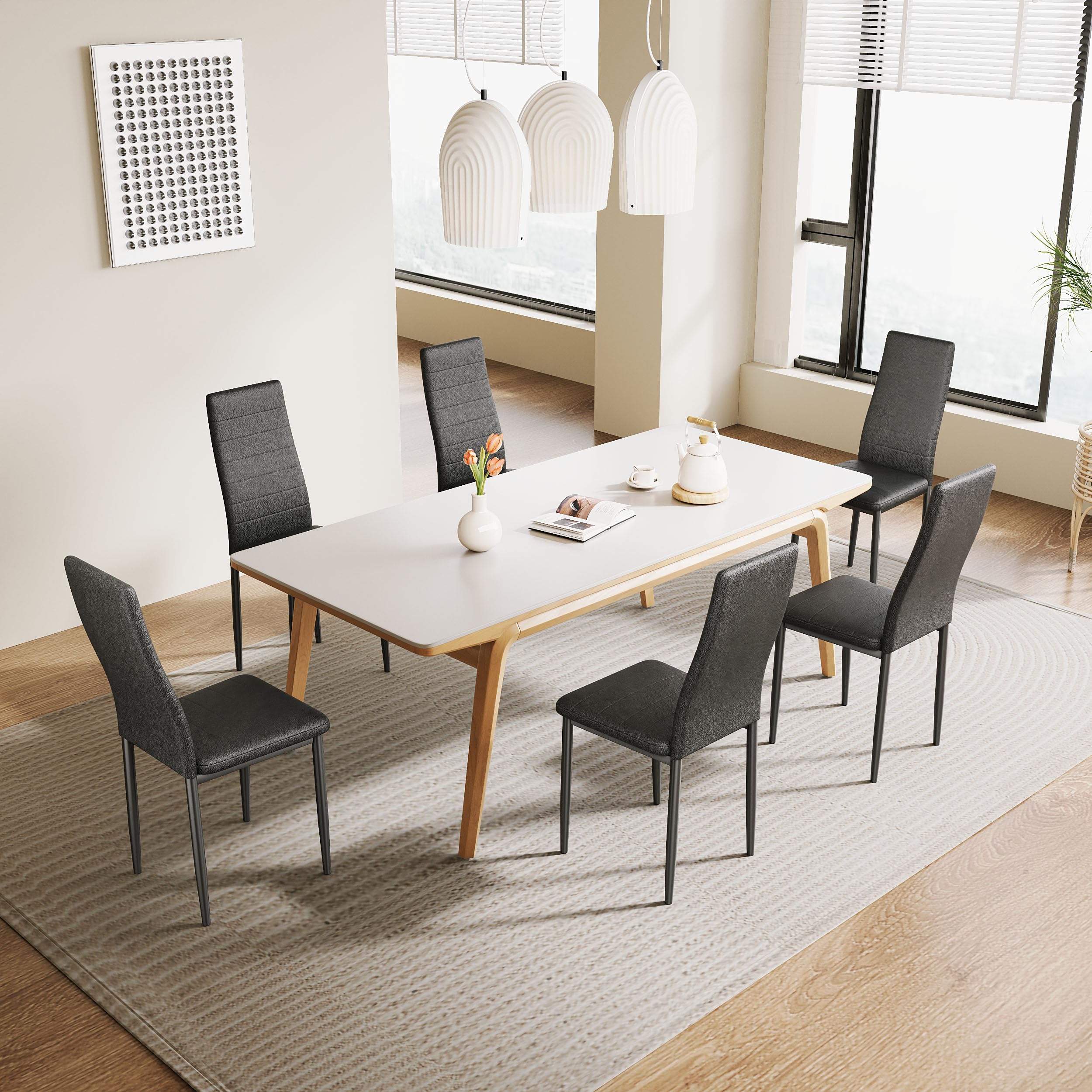DEWINNER Sedia da pranzo nordica (set da 6), design ergonomico, gambe in metallo, imbottita vintage, sedia da cucina casual con cuciture, nero