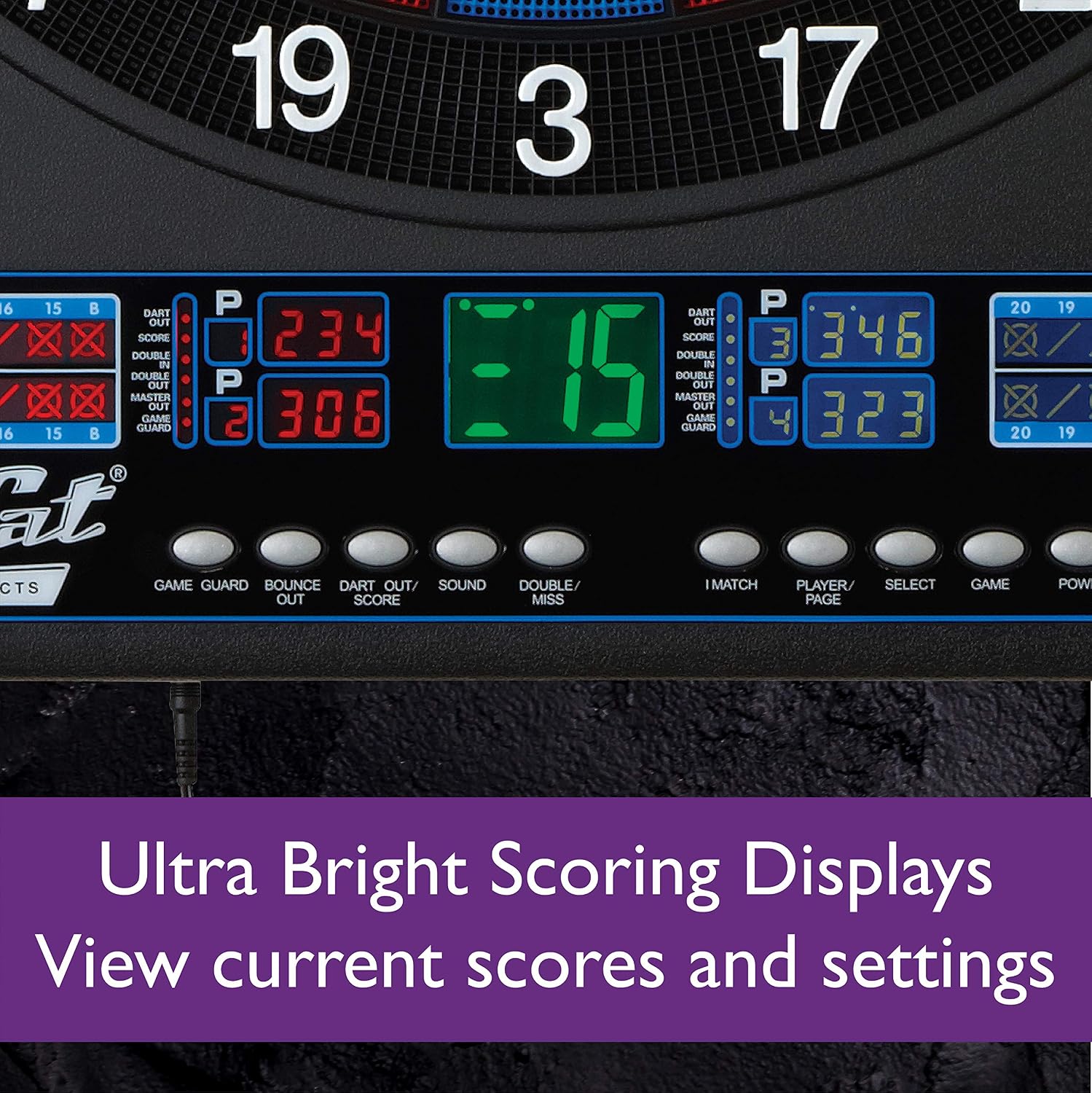 Fat Cat Electronx Electronic Dartboard Compact Size Over 35 Games with 167 Options Built-In Cabinet and Dart Storage for up to 12 Darts Auto Scoring LCD Display 8-Player Multiplayer and Soft Tip Darts
