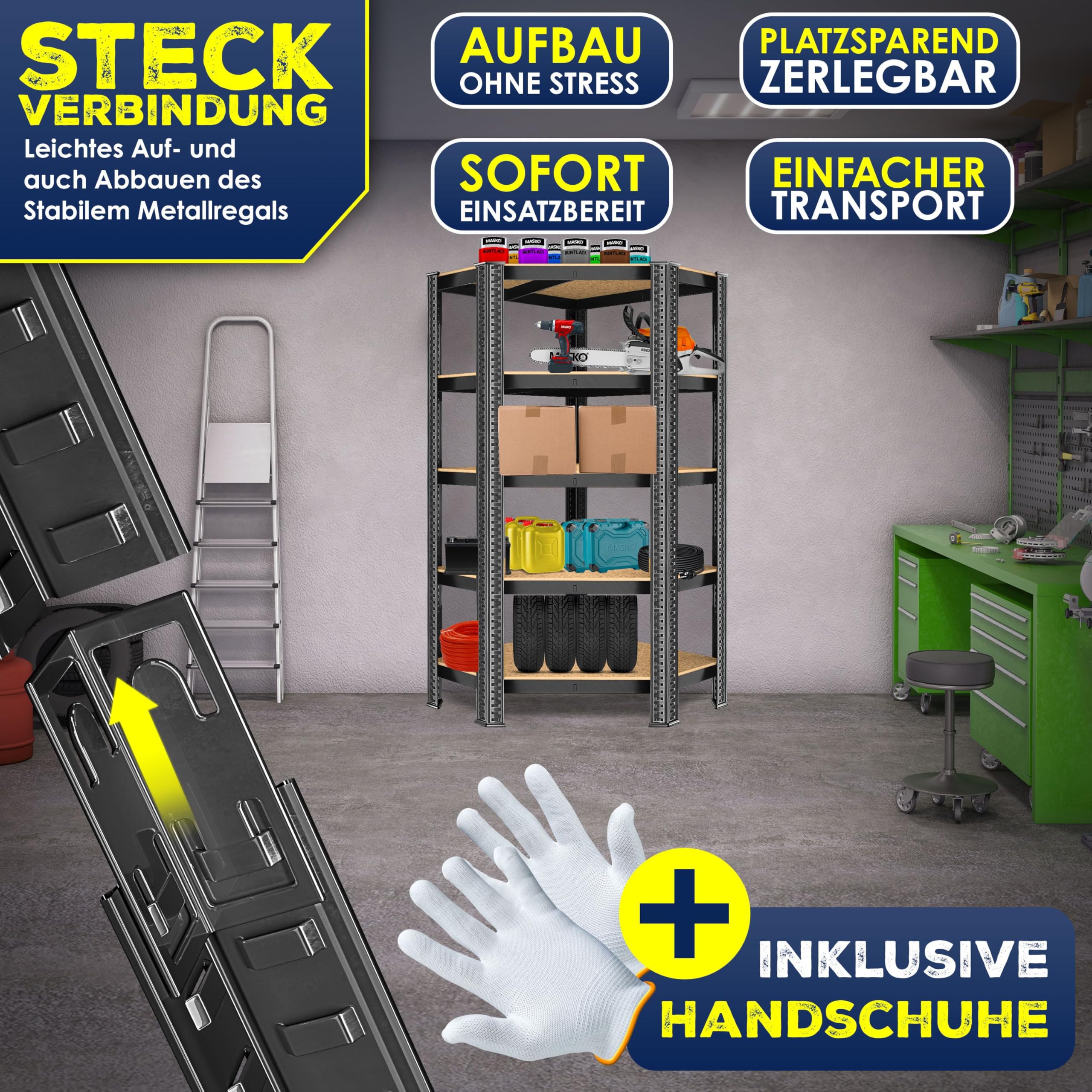 MASKO® Eckregal Lagerregal Schwerlastregal, Kellerregal, 180x75x40cm, bis 875 kg, 5 verstellbare Ablagen, MDF-Platten Regal aus Metall, Steckregal, Werkstattregal, Keller, Garage, + Handschuhe Schwarz