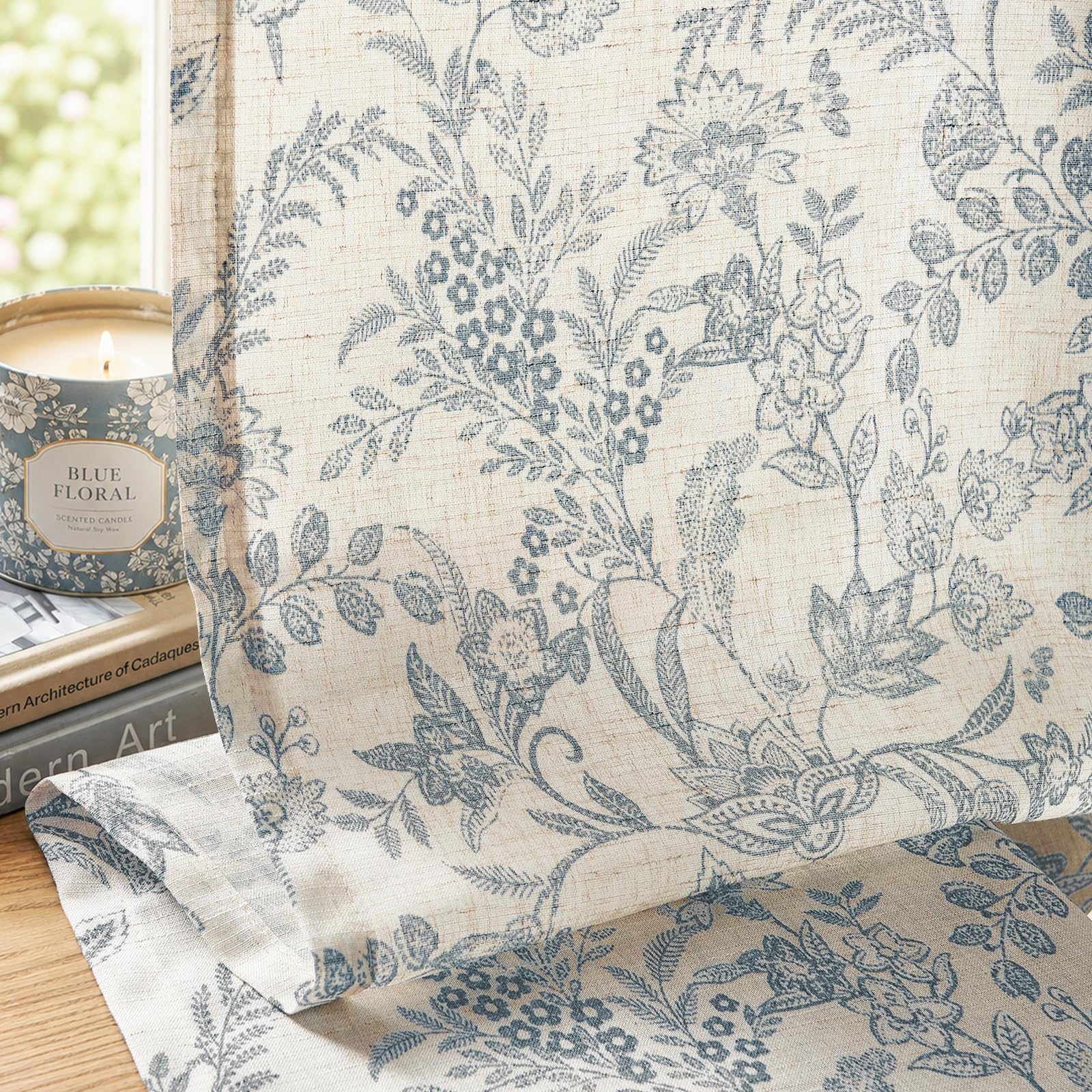 Lazzzy Blue Floral Linen Curtains 96 Inches Long - Farmhouse Back Tab Drapes for Living Room Bedroom - Semi Sheer Patterned Country Vintage 2 Panels Set - Rod Pocket Green on Beige