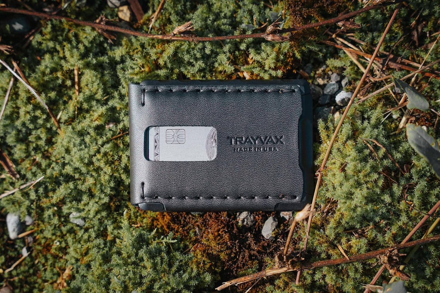 Trayvax Venture Billfold Wallet, Front Pocket Money and Credit Card Holder, Minimalist Slim Leather Metal Wallet for Men and Women, Anodized Black Tumbled Frame, Nightfall Black Leather