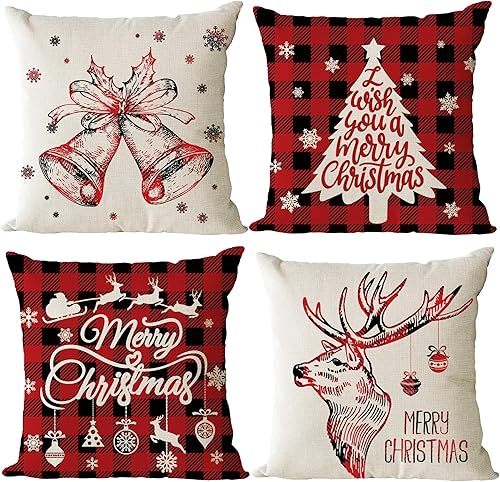 Miniatura 1 de YeeJu Juego de 4 fundas de almohada de Navidad de 18 x 18 pulgadas, fundas de cojín de Feliz Navidad, fundas de almohada rojas con árbol de Navidad,