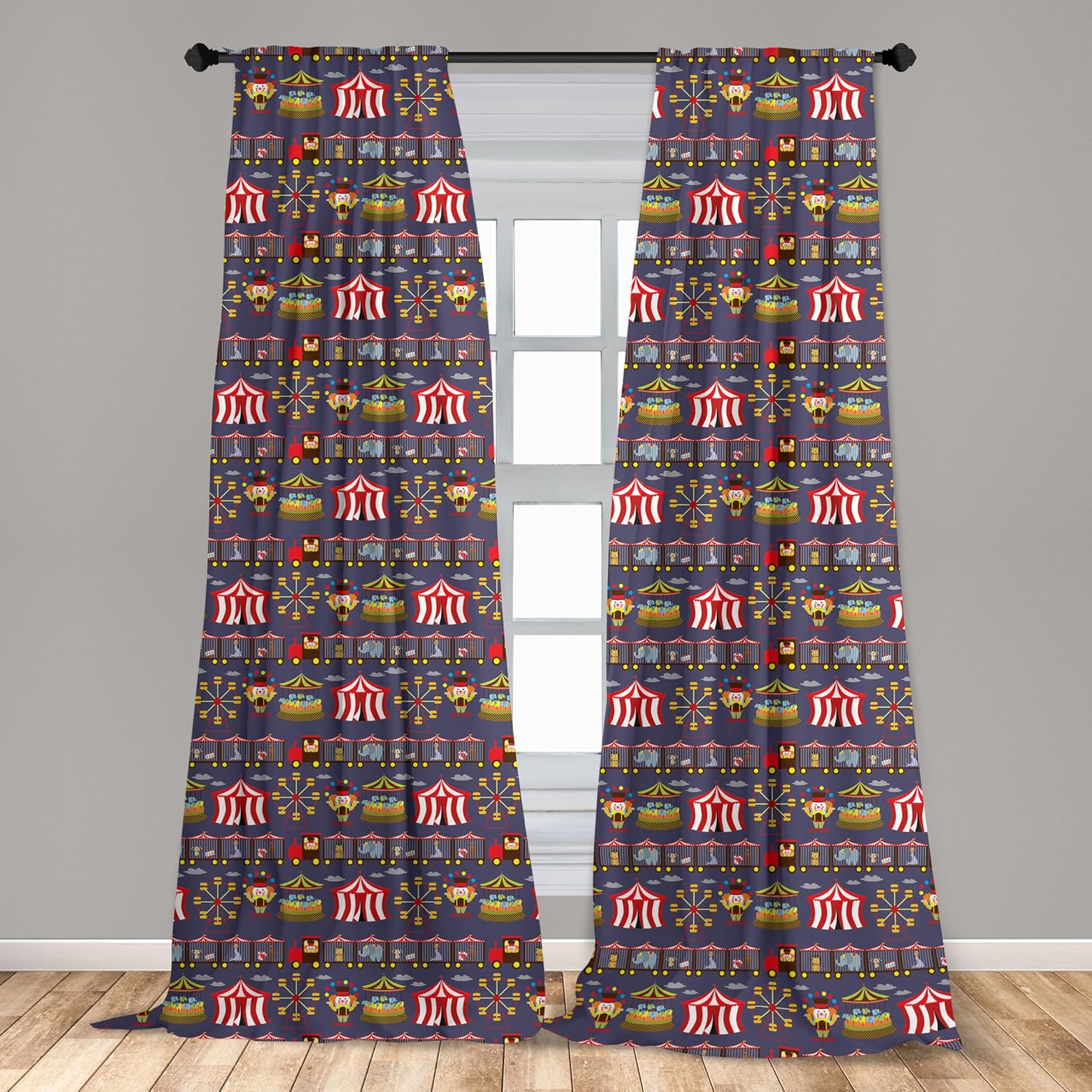 Lunarable Circus Curtains, Vintage Inspired Carousel Ferris Wheel and Clown Carnival Theme Park Pattern Animals, Window Treatments 2 Panel Set for Living Room Bedroom, Pair of - 28" x 84", Rainbow