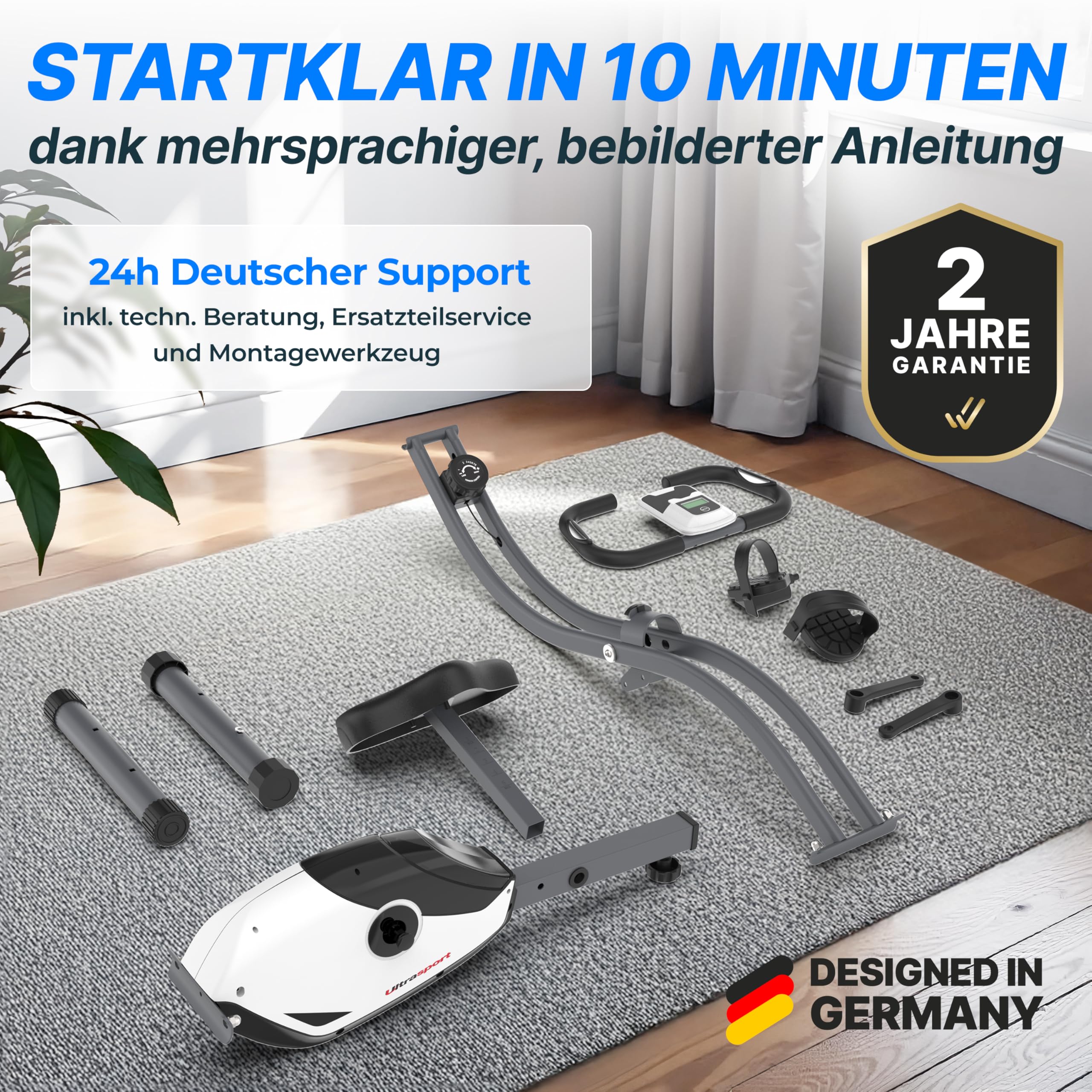 Ultrasport F-Bike 150, Fahrradtrainer, Fitnessbike, LCD Trainingscomputer, faltbarer Heimtrainer, Herzfrequenzmessung, 8 Widerstandsstufen, max utzergewicht 110 kg, Höhenverstellbarer, Silber/Schwarz