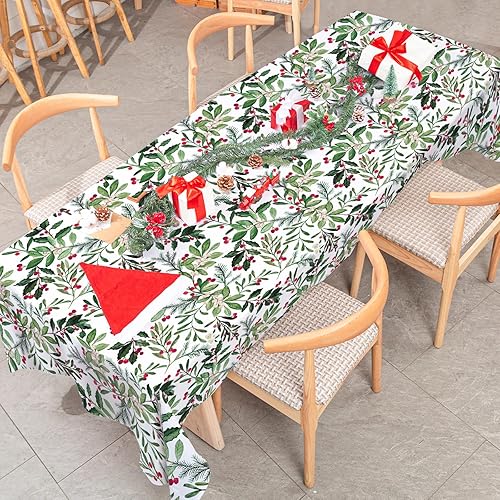Miniatura 5 de AnyDesign Mantel de Navidad rectangular de tela con bayas de acebo, lavable, para mesa de picnic, mesa de comedor, hogar, cocina, decoración de