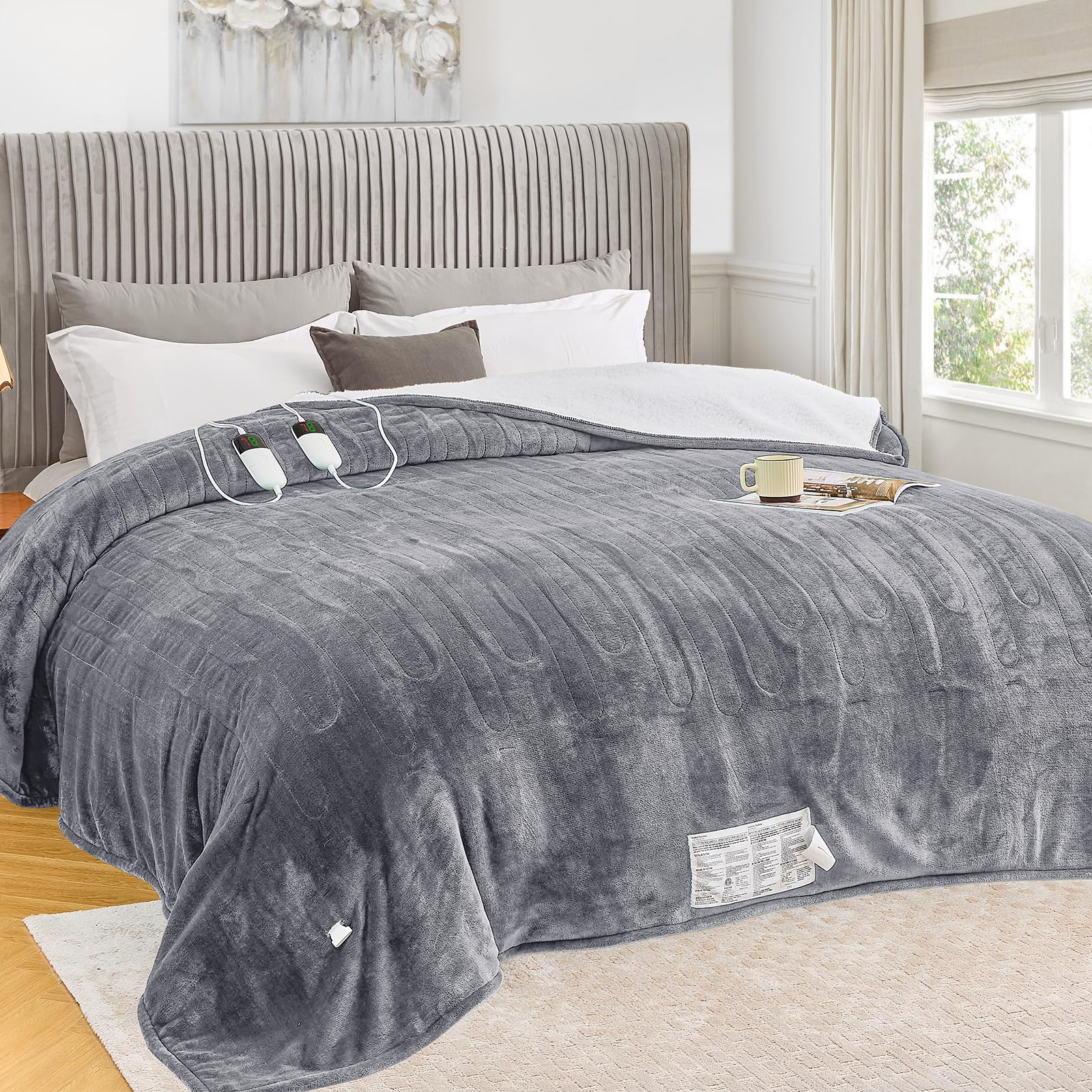greenoak Heated Blanket Electric King Size 100"X90" Dual Control, Heating Blanket with 10 Heat Levels 1/2/4/6/8 Hours Auto-Off Overheat Protection, Soft Sherpa Warm, ETL Certified Misty Grey