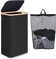 Vista 15 de Cesta de lavandería delgada de 65L, cesta de lavandería estrecha con tapa, cesta de ropa plegable con asas de bambú, cesta de lavandería con bolsa