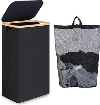 iEGrow 75L Slim Laundry Hamper, Narrow Laundry Basket with Lid,Foldable Clothes Hamper with Bamboo Handles,Hamper Basket with Removable Inner Bag for Laundry Room Bedroom College Dorm,19.8 Gals Black