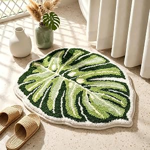 Leaf Rug Flower Monstera Plant Shaped Bath Rug - Cute Small Green Bath Mat Bathroom Rug Non Slip, Water Absorbent, Machine Washable