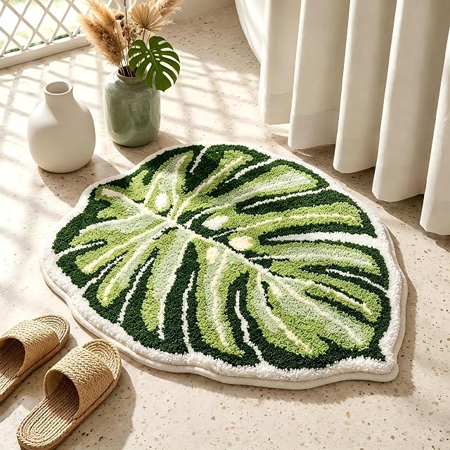 Leaf Rug Flower Monstera Plant Shaped Bath Rug - Cute Small Green Bath Mat Bathroom Rug Non Slip, Water Absorbent, Machine Washable