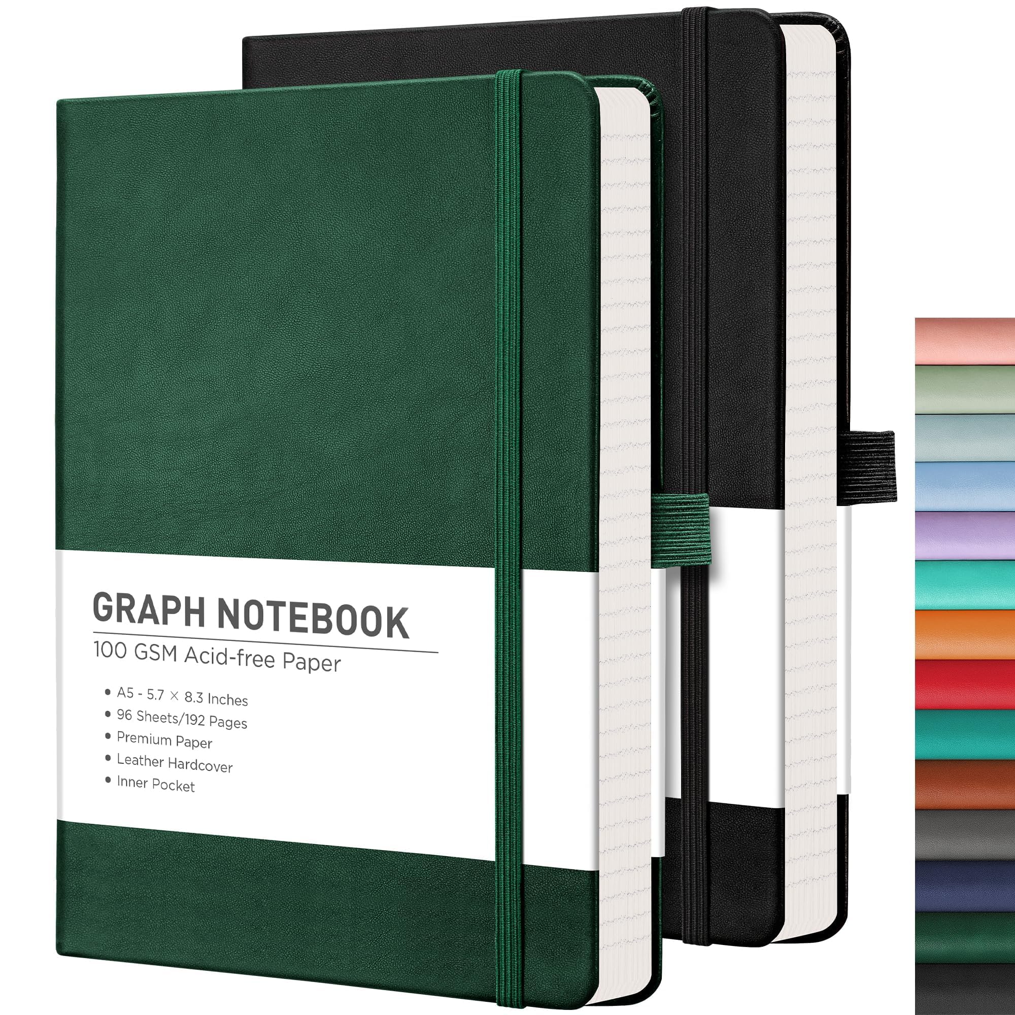 RETTACY Graph Grid Paper Notebook, 2-Pack, 192 Pages per Pack, A5 Medium Size (5.7'' x 8.3''), Leather Hardcover, 100 GSM Thick Paper, for School,