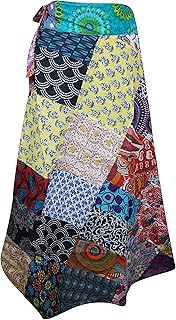 Mogul Interior Womens Wrap Around Skirts, Blue Green Patchwork Boho Short Skirt, One Size