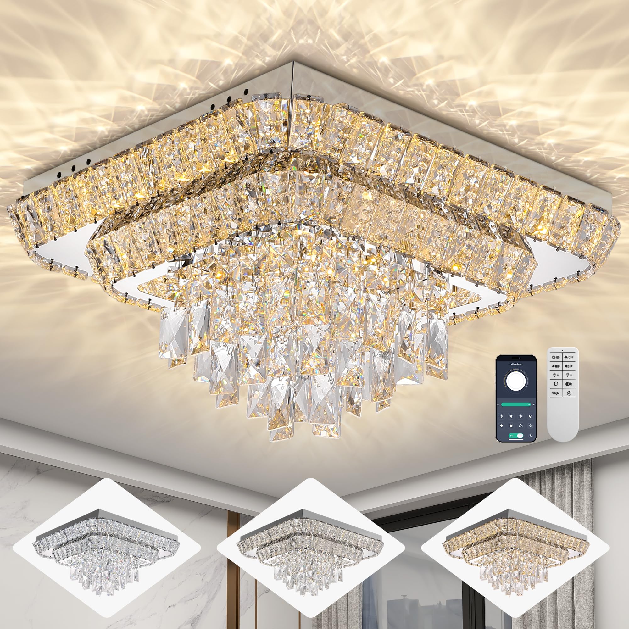 LIGHTOP 吊下シャンデリア GEM-6929 Miuyhji Elegant LED Crystal Raindrop Ceiling Light,18in Smart