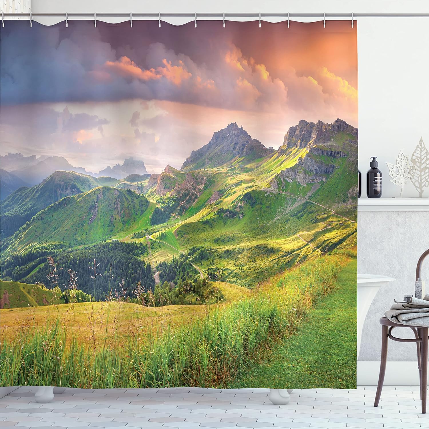 Ambesonne Mountain Shower Curtain, Summer Landscape of Italian Alps at Sunset Tranquil Calm Meadow Idyllic Spot, Cloth Fabric Bathroom Decor Set with Hooks, 69" W x 70" L, Green White