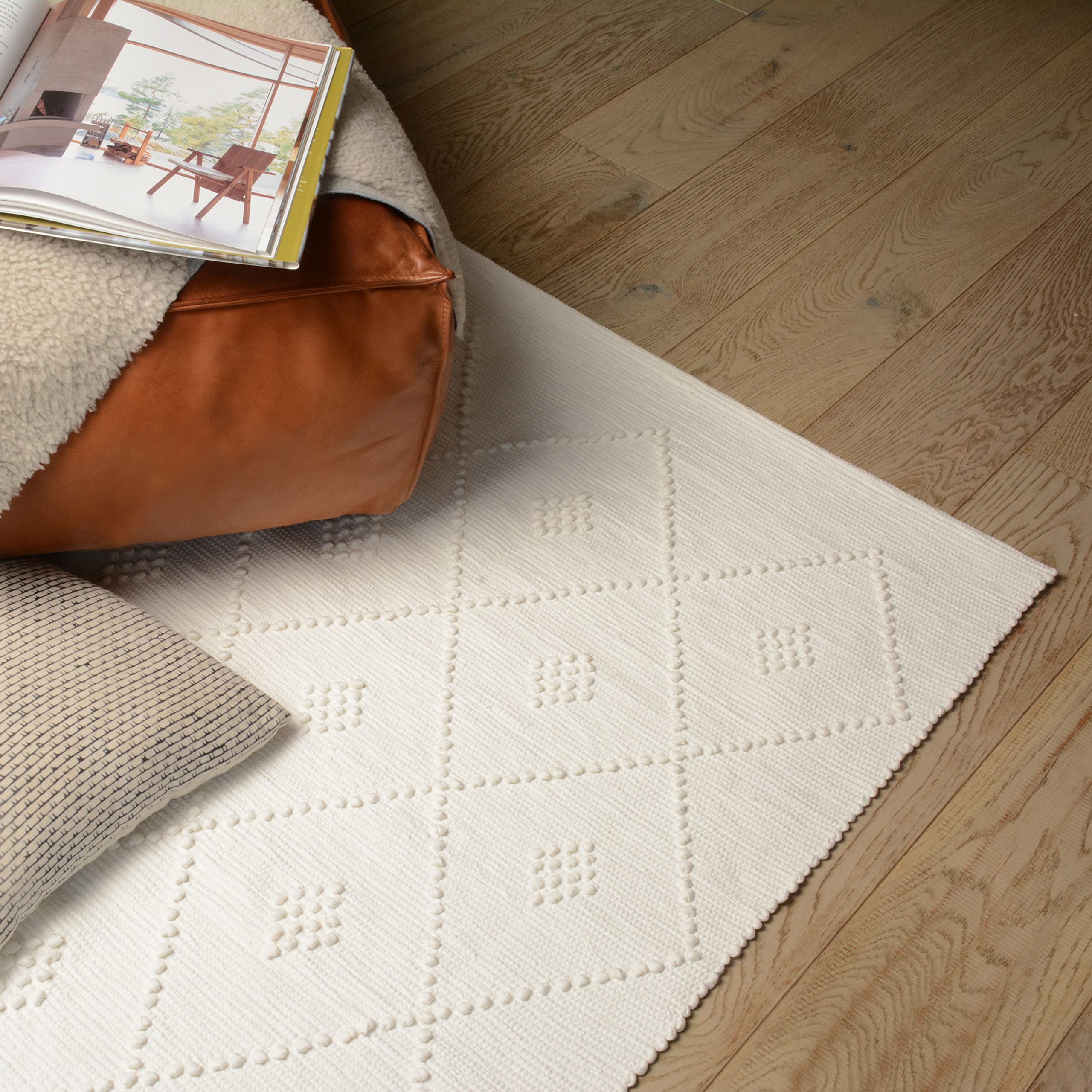 Alfombra hecha a mano, hecha de 100 % algodón reciclado, reversible y lavable, para dormitorio, guardería, cocina, sala de estar, decoración (140 x 70 cm, diamante blanco)